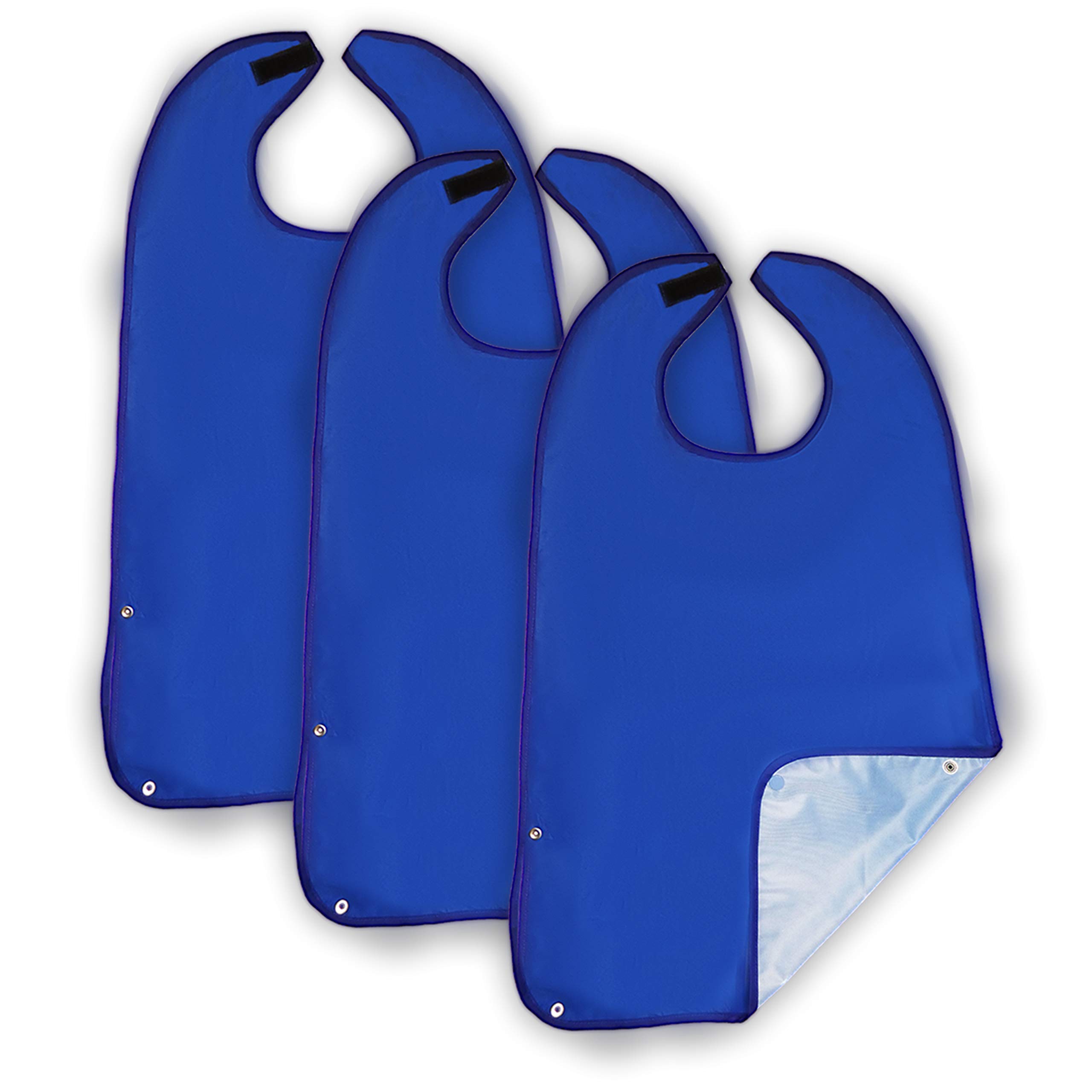 Waterproof Reusable Adult Bibs for Women & Men - Washable Crumb Catcher Eating Bibs for Seniors & Adults (3 Pack, Blue) - Perfect for Dining, Mealtime & Elderly Care