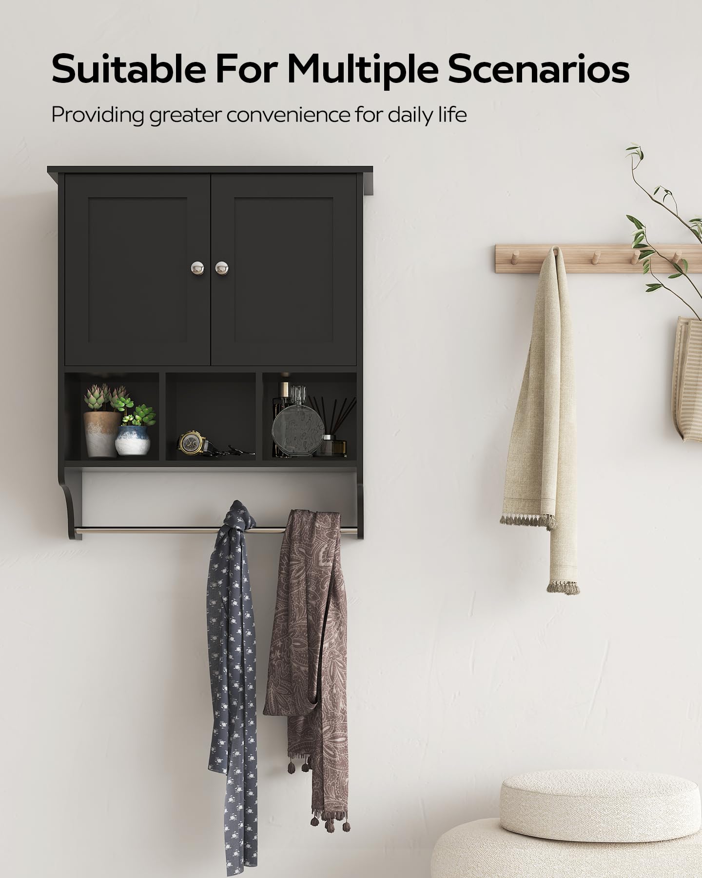 Space Saving Wall Mounted Medicine Cabinet with 2 Doors & Adjustable Shelves - Bathroom Storage Organizer for Towels, Toiletries & Essentials - Perfect for Bathroom, Living Room & Kitchen (Black)
