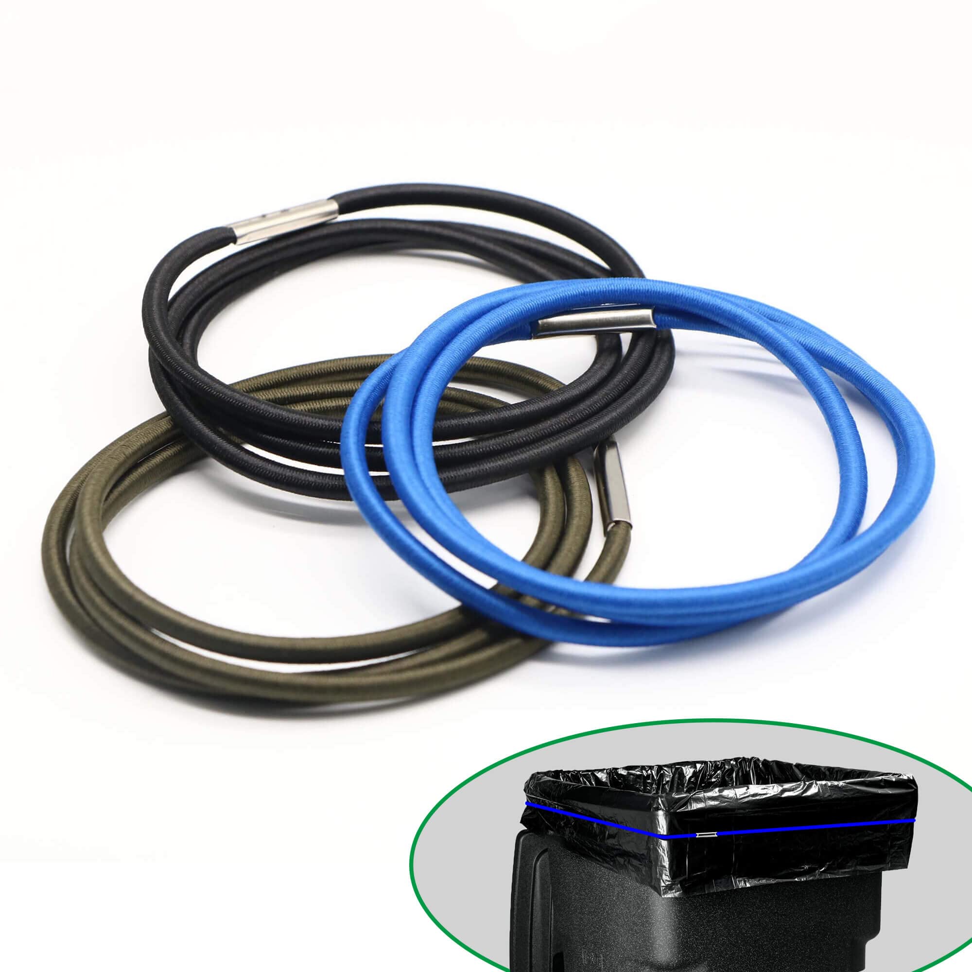 Extra Large Trash Can Bands Set of 3 - Heavy Duty Rubber Bands for 55, 65, 96 Gallon Garbage Cans - Durable Kitchen & Outdoor Trash Bag Holders in Black, Blue & Olive Green - Perfect for Securing Bags During Moving, Cleaning & Waste Disposal