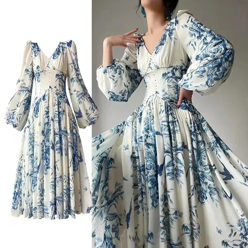 Floral Beaded High Waist A-Line Vintage Party Dress with Lantern Sleeves - Elegant Women's Fashion for Beach Holidays, Cocktail Parties & Special Occasions
