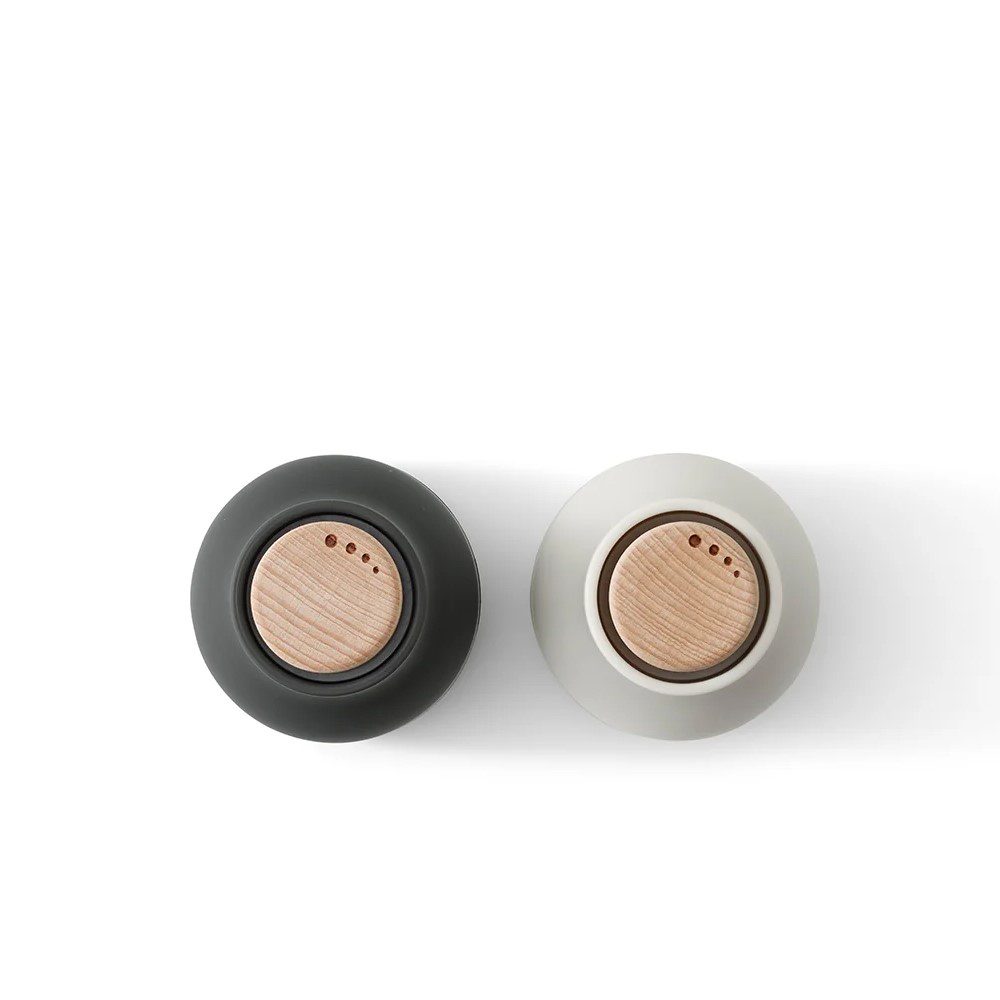 Premium AUDO CPH Salt and Pepper Grinder Set - Adjustable Ceramic Mill, Compact Ash/Carbon Design with Beech Wood Lid - Perfect for Kitchen, Dining Table & Gift Giving