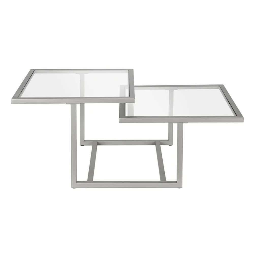 2-Tier Modern Glass Coffee Table with Metal Frame & Protective Foot Pads - Square Side Table with Open Storage Shelf for Living Room, Dining Room & Office - Perfect for Small Spaces & Contemporary Home Decor