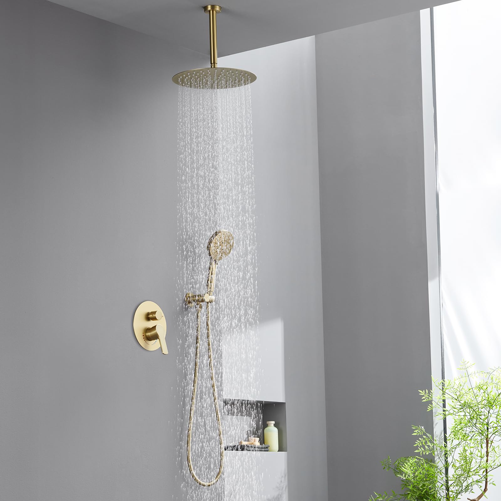Brushed Gold Shower Faucet with Handheld Sprayer - 12 Inch Rain Shower Head System with Brass Valve - Luxury Bathroom Shower Fixtures for Spa-Like Experience, Perfect for Master Bathroom Renovation and Modern Home Upgrade