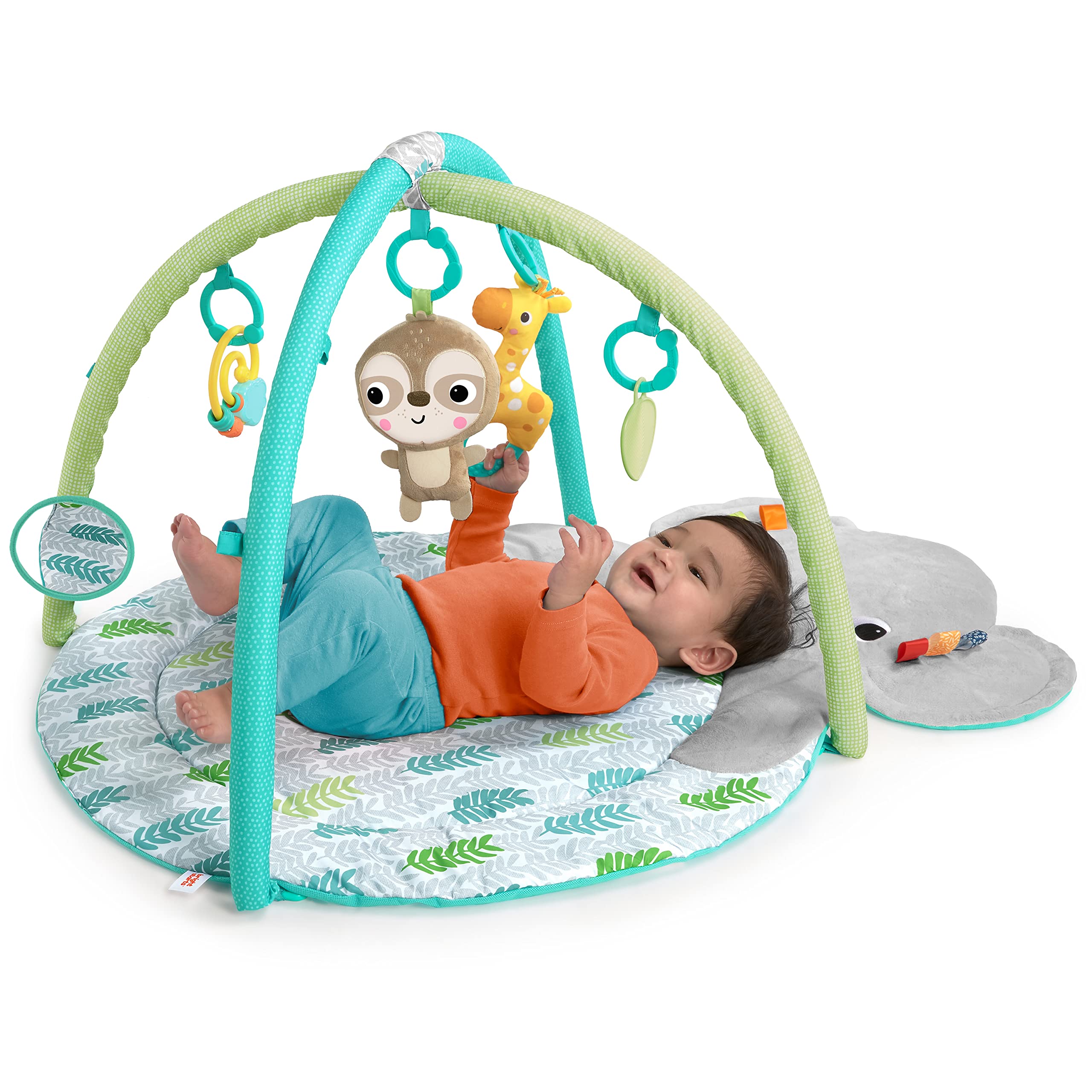 Bright Starts Hug 'n Cuddle Elephant Activity Baby Gym & Tummy Time Play Mat with 5 Take-Along Toys for Newborns 0-12 Months - Perfect for Infant Development, Sensory Play & Nursery Decor