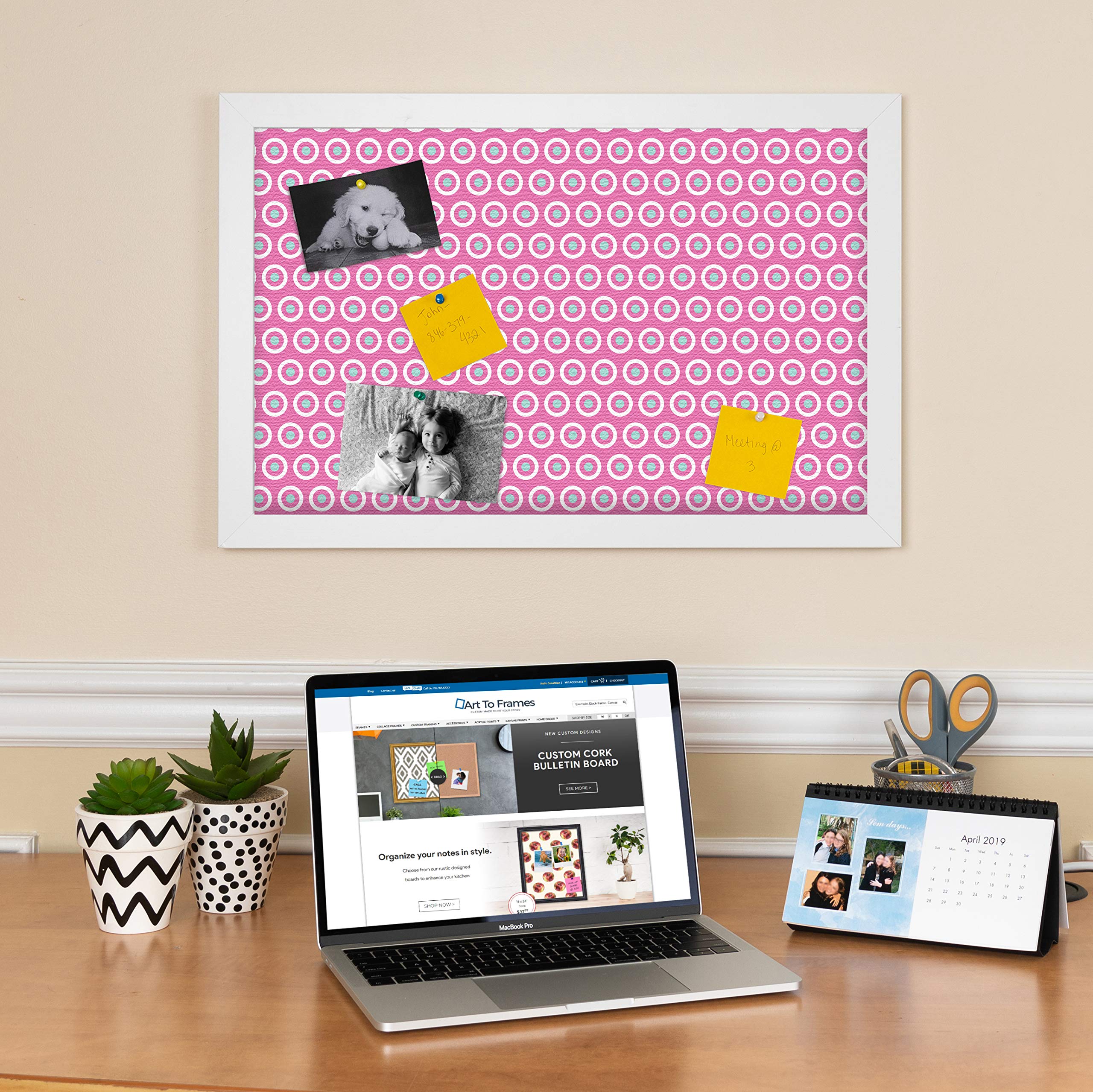 ArtToFrames 36x24 Inch Custom Cork Bulletin Board with Fabric Canvas Finish - Pink & White Dots Pin Board in Satin White Frame (2x3 ft) - Perfect for Home Office, Classroom, or Kids Room Decor