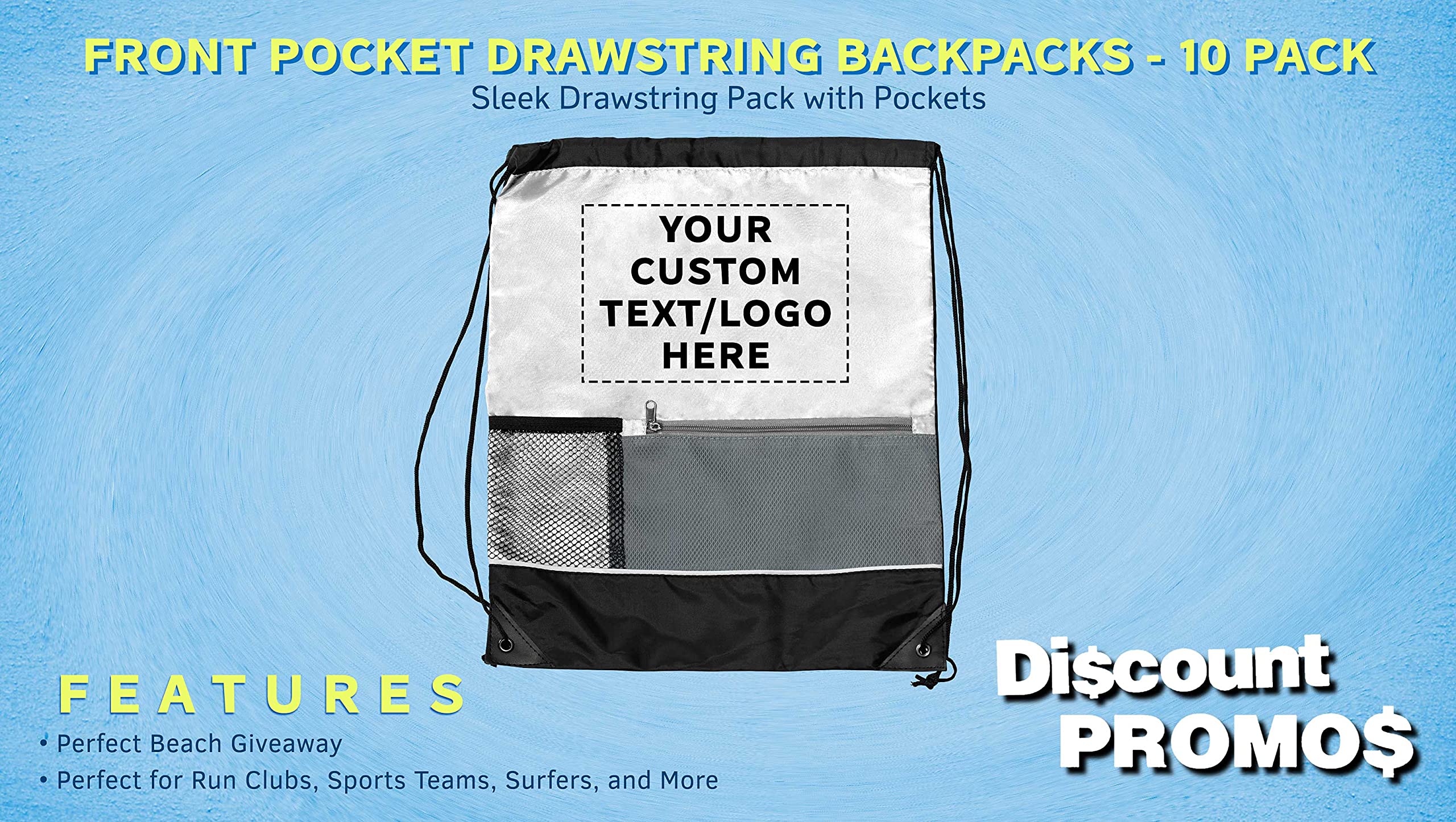 Custom Front Pocket Drawstring Backpacks - Bulk Set of 10, Personalized Reusable Lightweight Sports Bags for Gym, Travel & Promotional Events - White Backpack Pack