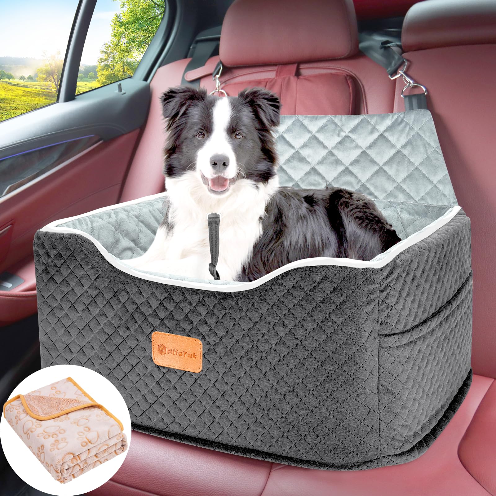 **Memory Foam Dog Booster Car Seat for Medium Dogs Under 45 LBS – Washable & Anti-Slip Pet Car Seat for Back Seat Only – Travel Dog Bed with Seat Belt – Perfect for Road Trips & Safe Car Rides**