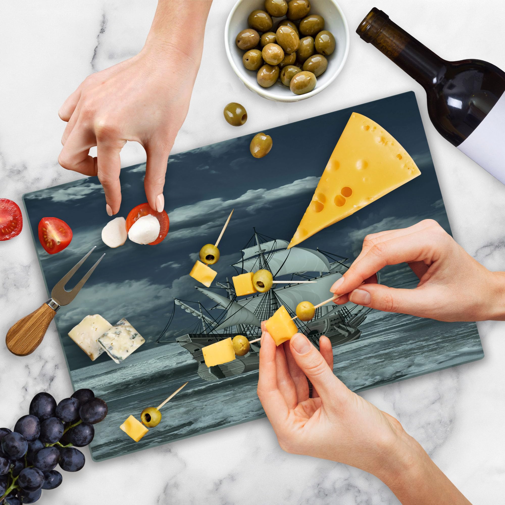 Ambesonne Decorative Tempered Glass Cutting Board - Caribbean Pirate Ship & Cloudy Sky Art Print - Large Blue Grey Serving Board for Kitchen, Charcuterie & Party Platter - Dishwasher Safe Glass Chopping Board for Cheese, Fruits & Entertaining