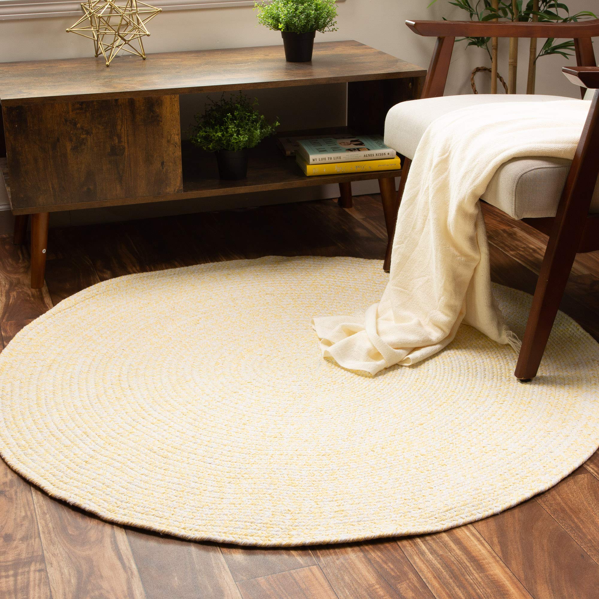 Farmhouse Braided Cotton Reversible Area Rug - 6' Round Yellow & White - Perfect for Kitchen, Living Room & Bedroom Decor