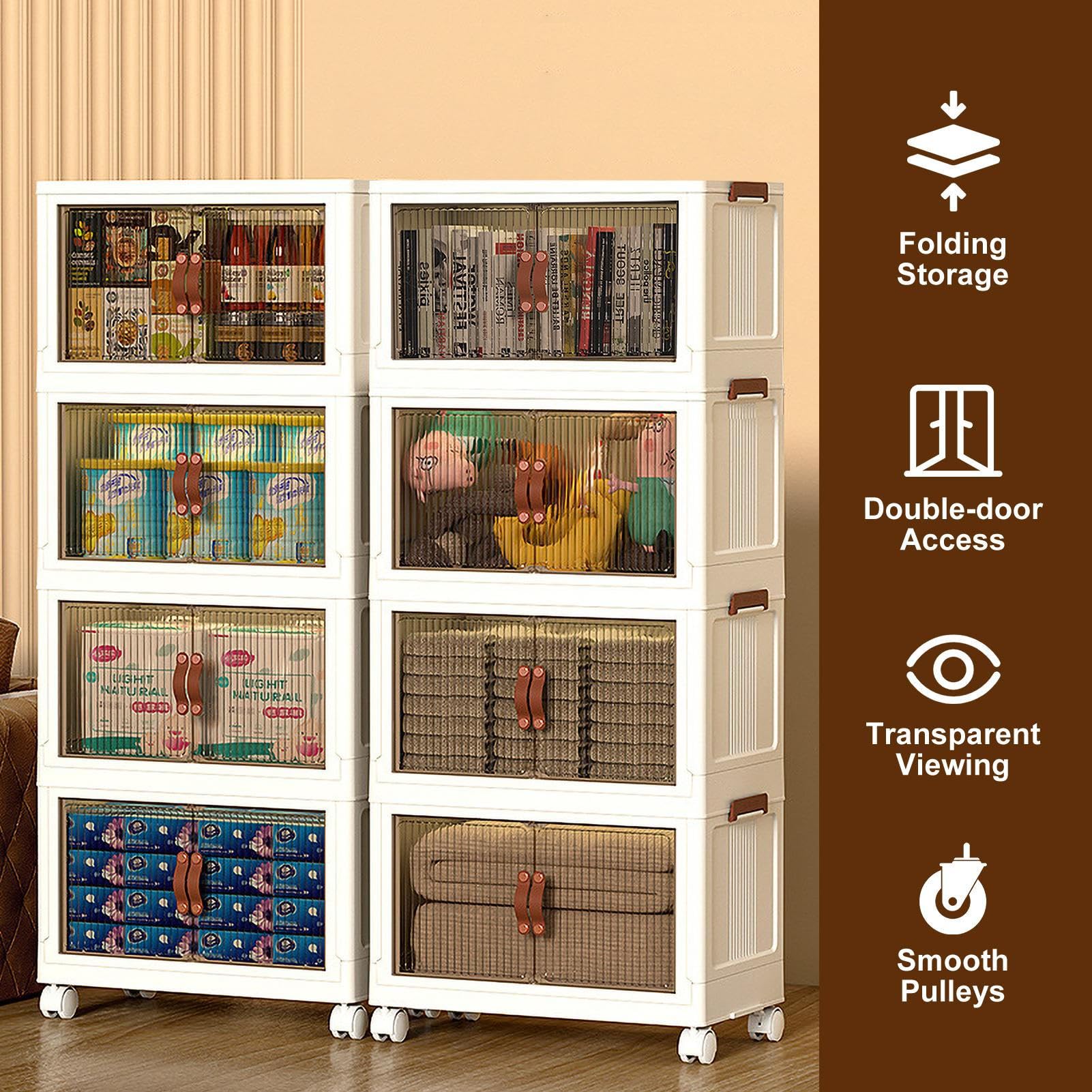 Foldable Storage Bins with Lids - 4-Tier Stackable Storage Containers with Wheels & Doors - Portable Closet Organizer for Home, Office & Dorm Organization - Perfect for Clothes, Toys & Seasonal Storage