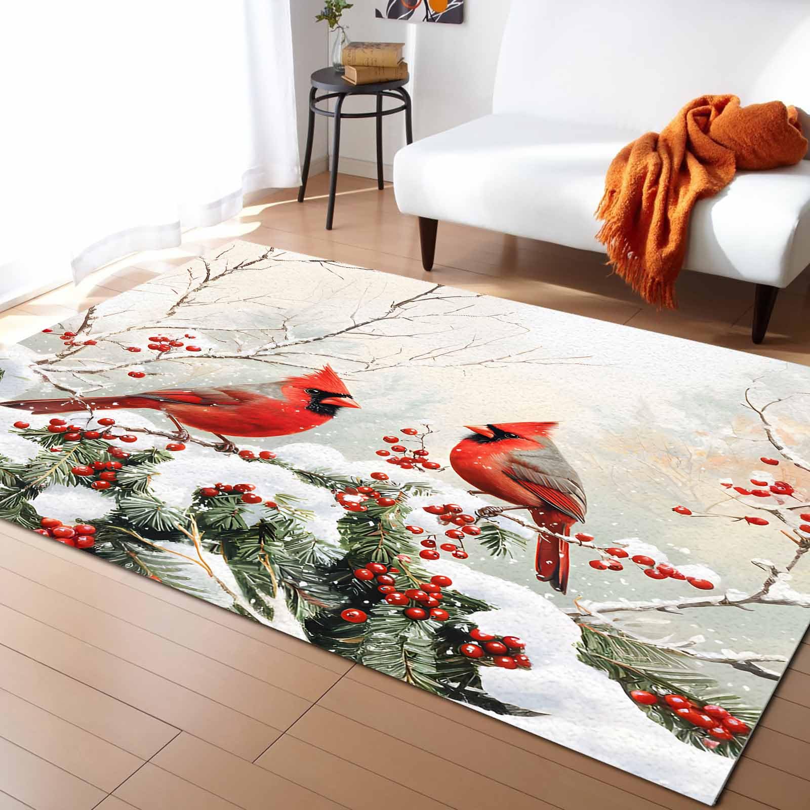 Non-Slip Christmas Indoor Area Rug - Red Birds Snowflake Berry Botanical Design - 3'x5' Kitchen Runner, Bathroom Mat for Bedroom, Living Room & Kids Room - Perfect for Holiday Decor & Cozy Home