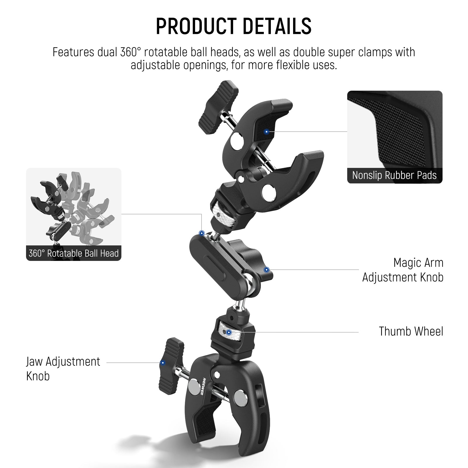 NEEWER UA060 Double Super Clamp Camera Mount with Magic Arm & NATO Rail - Professional DSLR Rig for Filmmaking, Vlogging & Studio Photography