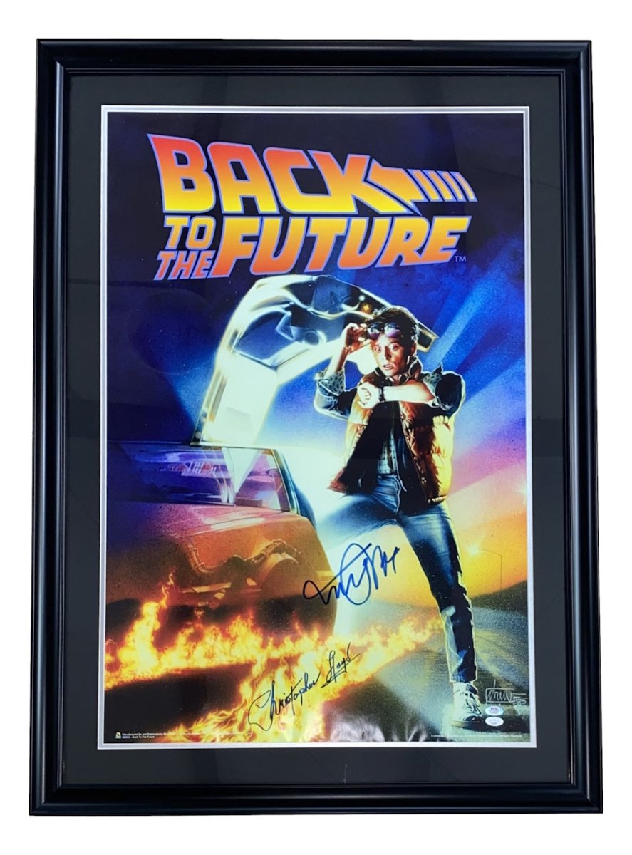 Authentic Michael J. Fox & Christopher Lloyd Signed Back to the Future Framed Movie Poster - PSA & JSA Certified with Hologram - Perfect for Home Theater Decor & Collector's Display
