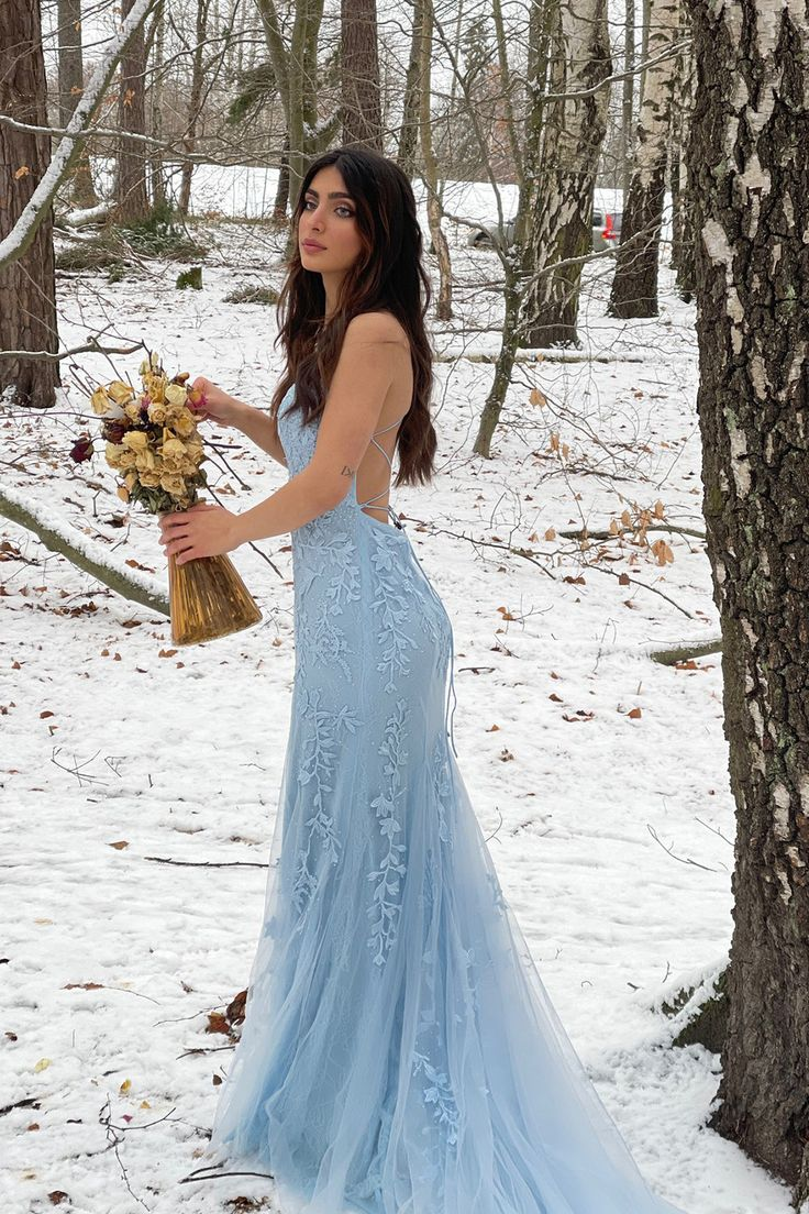 Elegant Light Blue Mermaid Long Prom Dress with Lace Detail - Formal Evening Gown for Homecoming, Wedding, and Special Occasions - Style J5765