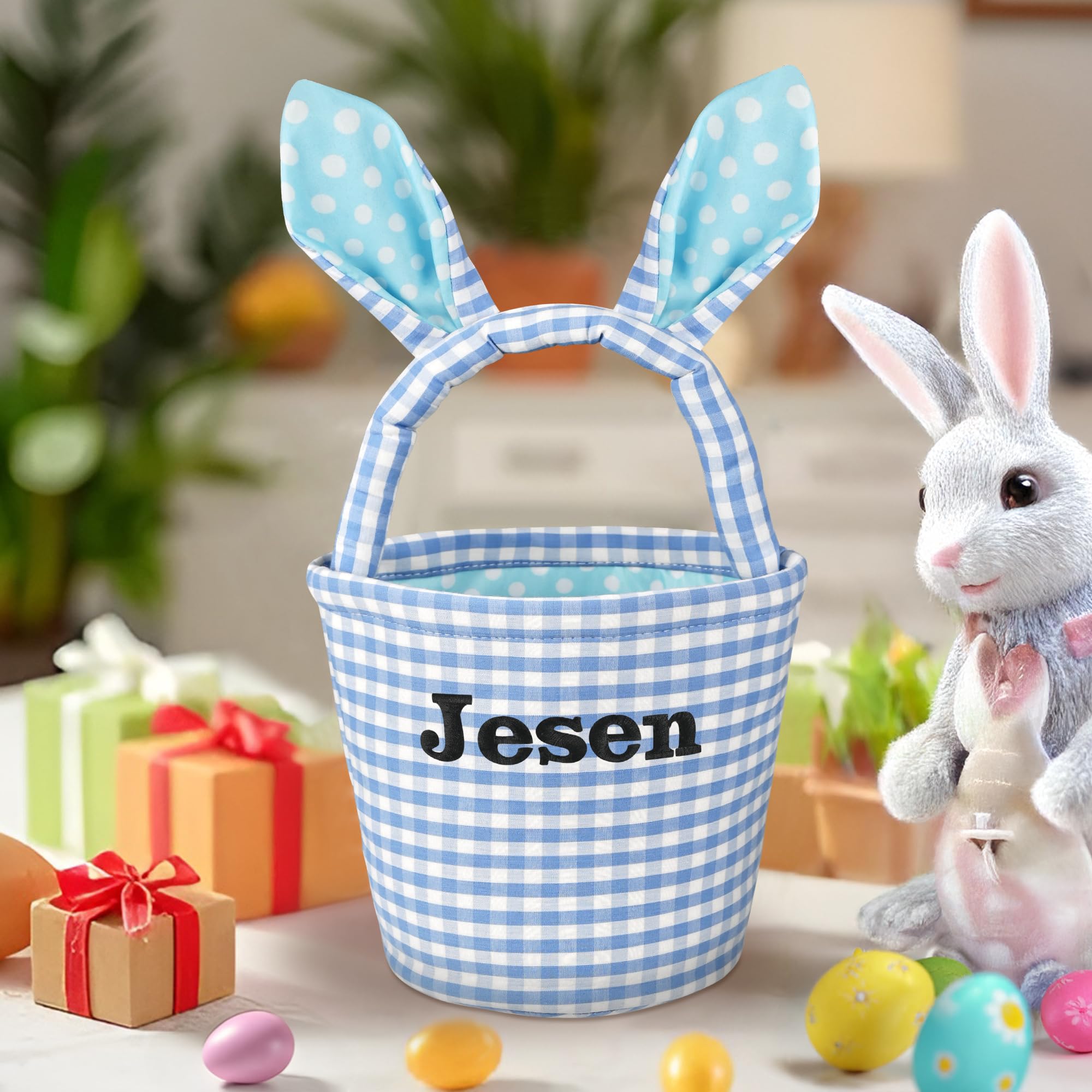 Personalized Easter Basket for Kids - Bunny Blue Grid Easter Egg Hunt Basket - Easter Bunny Gift Basket for Boys & Girls - Perfect for Easter Egg Hunts, Easter Party Favors & Spring Celebrations