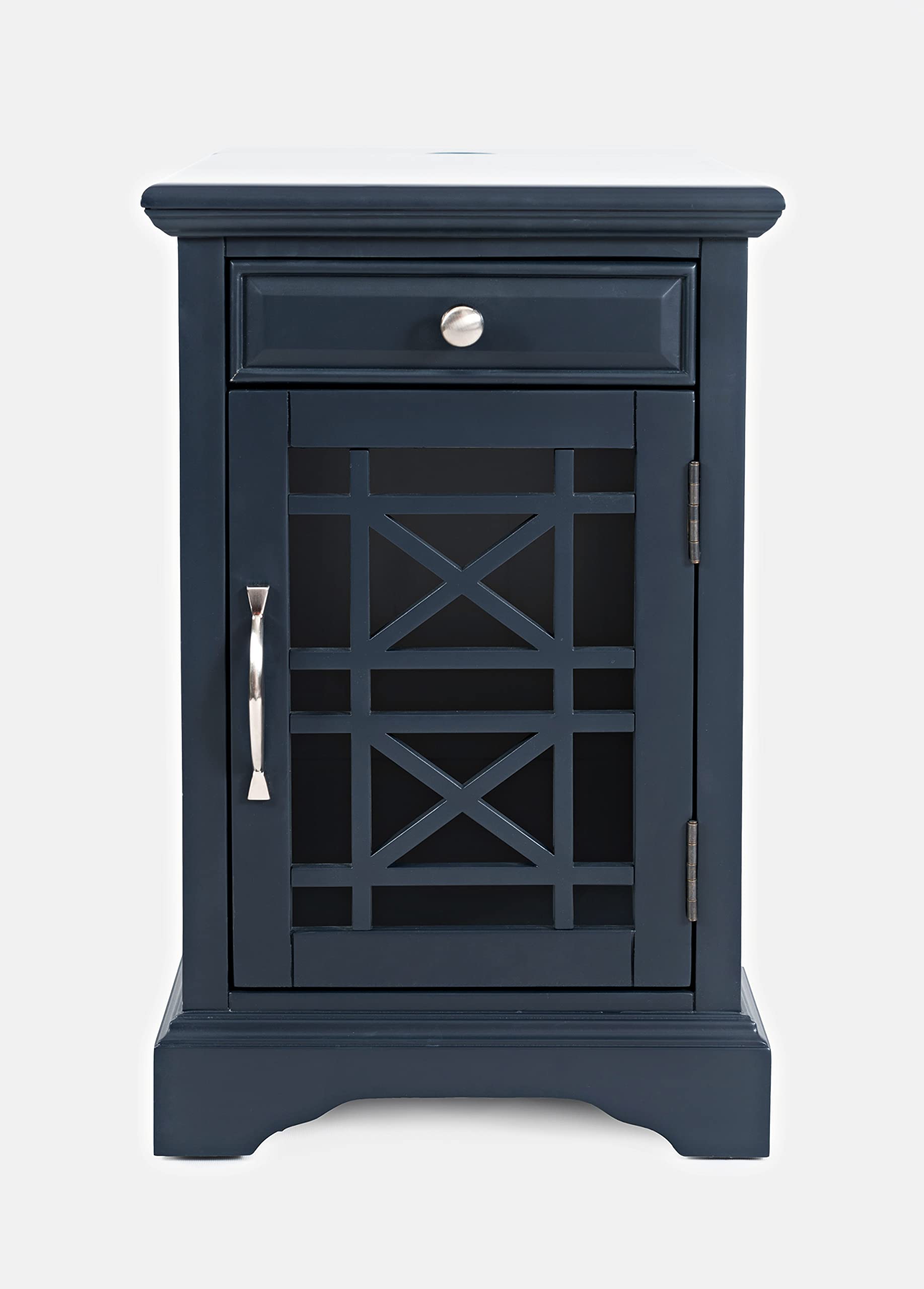 Farmhouse Style USB Charging Station End Table with Glass Door & Storage - Nightstand for Bedroom, Living Room, Office - Navy Wooden Side Table for Phone & Device Organization