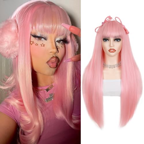 Pink Straight Wig with Bangs