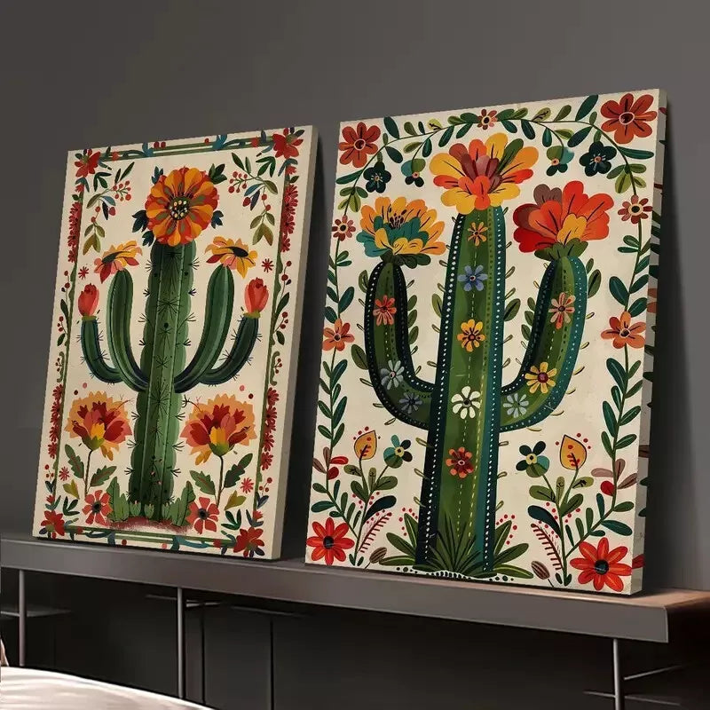 2Pcs Decorative Cactus Botanical Art Canvas - Framed Wall Art 50x75cm (20x30in) - High Quality Print - Ready to Hang - Perfect for Living Room, Bedroom & Office Decor
