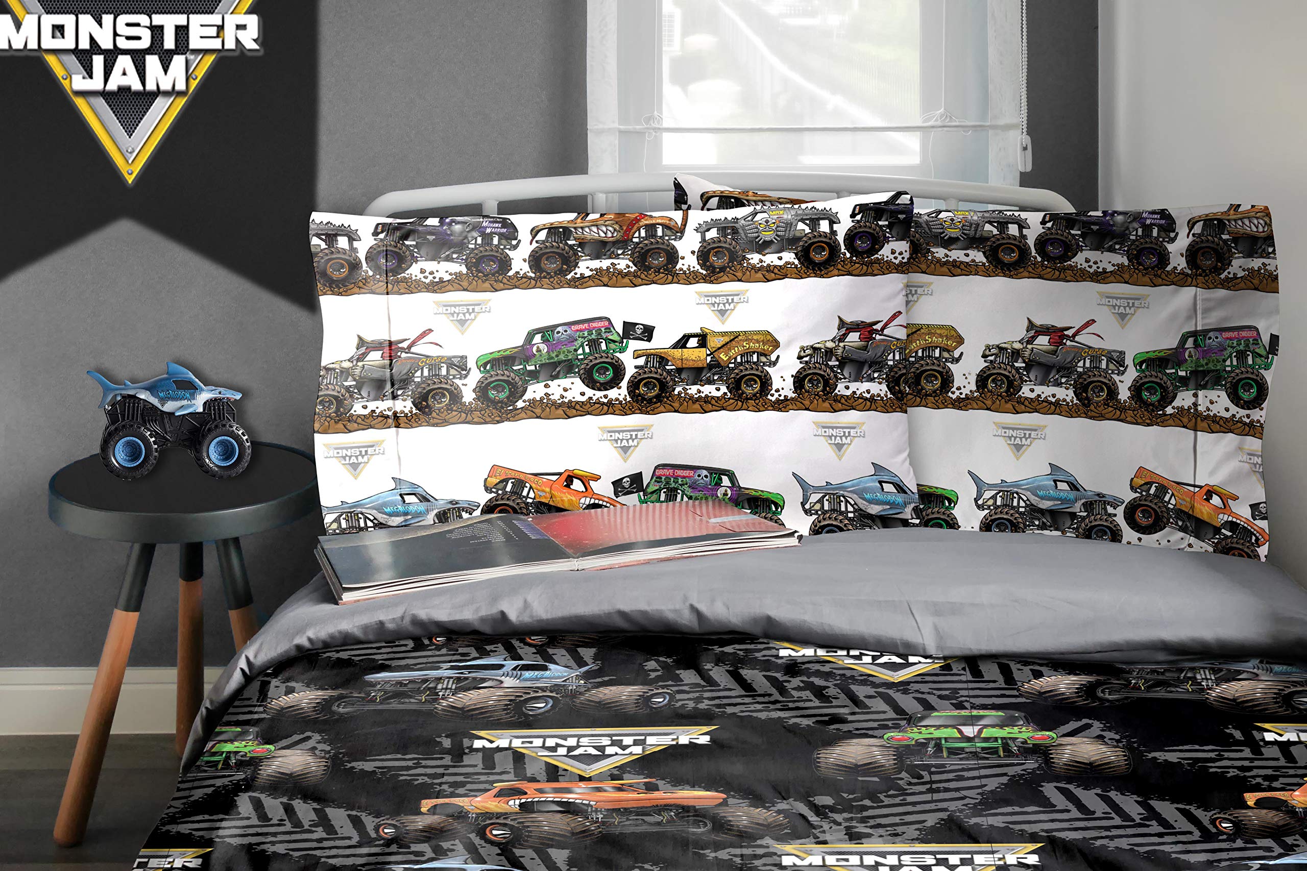 Jay Franco Monster Jam Tracks 4-Piece Twin Bedding Set - Official Grave Digger & Megalodon Comforter & Sheet Set - Ultra Soft Fade Resistant Microfiber - Perfect for Kids' Rooms & Monster Truck Themed Bedrooms