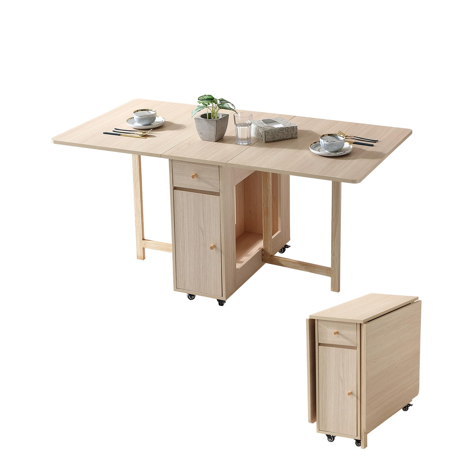 Extendable Drop Leaf Folding Dining Table with 2 Drawers & 4 Wheels - Space Saving Kitchen Table for Small Apartments, Farmhouse, Living Room | Solid Wood Finish | Perfect for Dining, Entertaining & Home Office Use