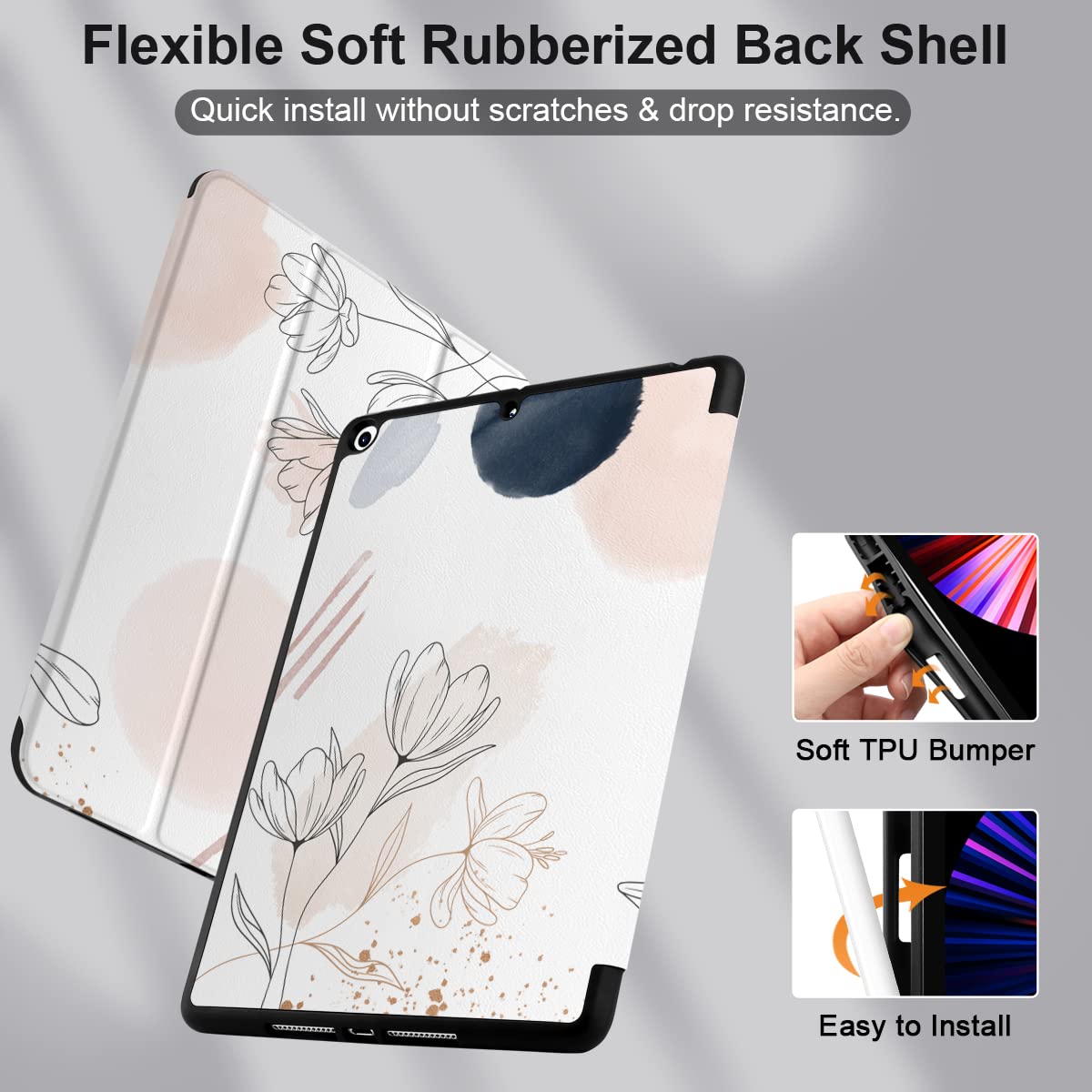 DONGKE iPad 10.2 Inch Case (2021/2020/2019) - Compatible with iPad 9th/8th/7th Generation | Slim Stand Protective Cover with Pencil Holder, Soft TPU Back & Auto Sleep/Wake | Abstract Floral Design - Perfect for Work, School & Travel