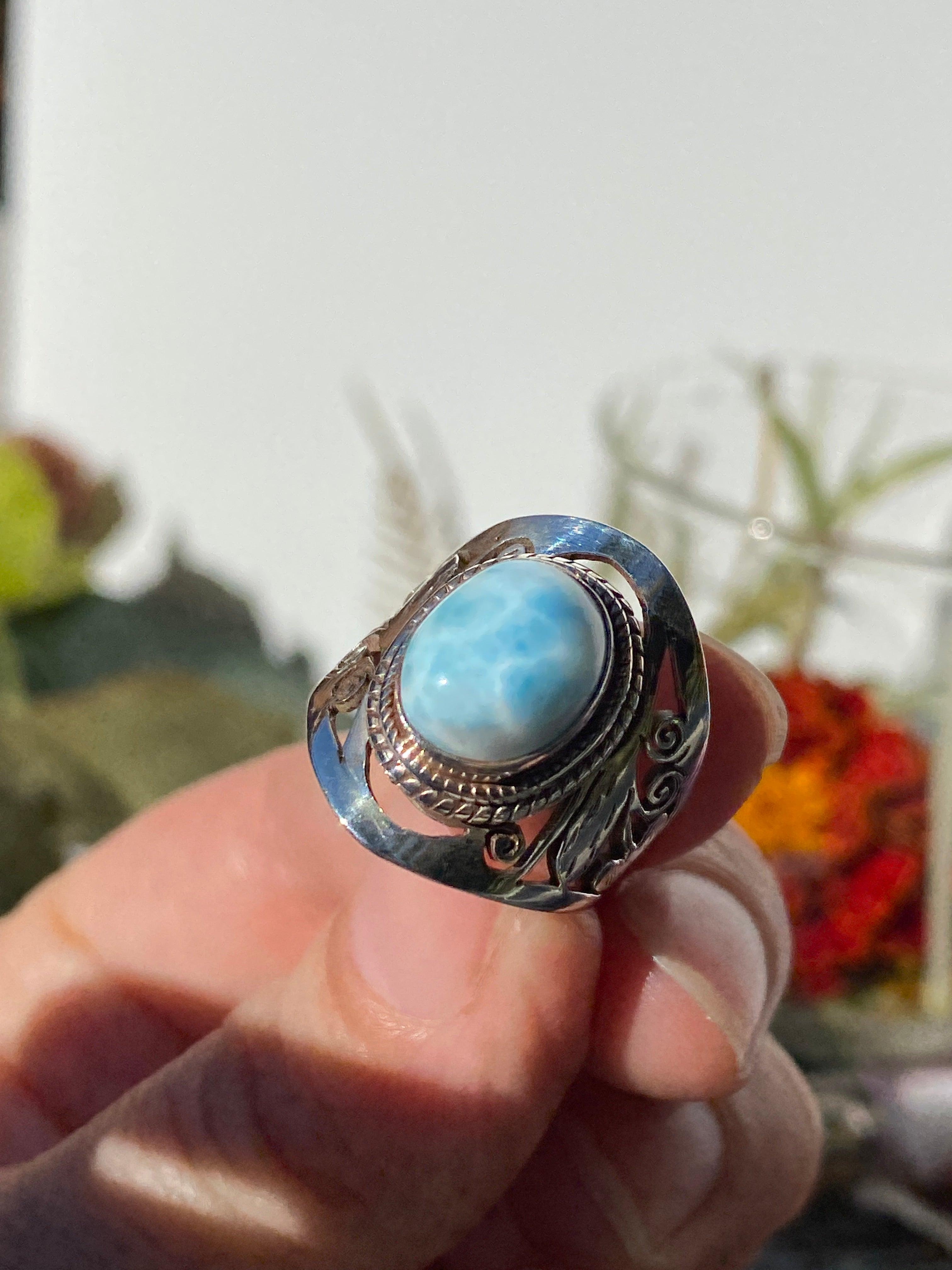 Larimar Oval Cabochon Ring with Detailed Banding - Handmade Sterling Silver Jewelry - Perfect for Beach Weddings & Boho Fashion