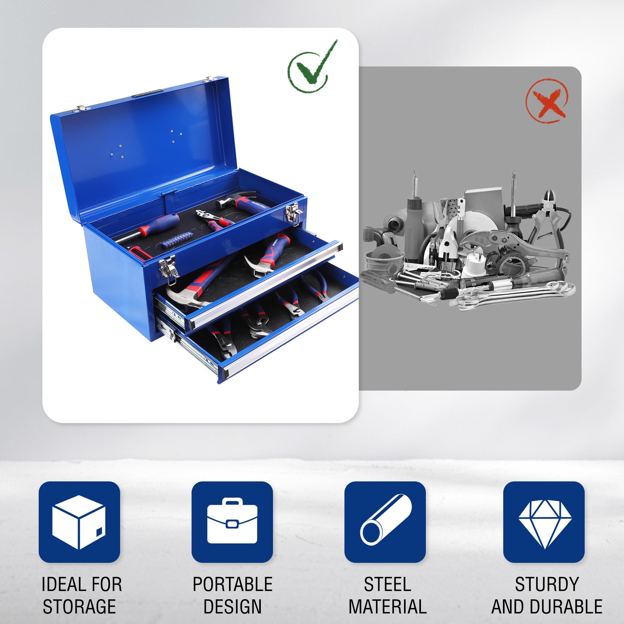 WORKPRO 18 Inch Heavy Duty Metal Tool Box with 2 Drawers & Top Storage - 100 LBS Capacity, Portable Tool Chest with Secure Latch & Non-Slip Liner for Garage, Workshop, Office & Home Organization - Perfect for DIY Projects, Car Repair & Tool Storage