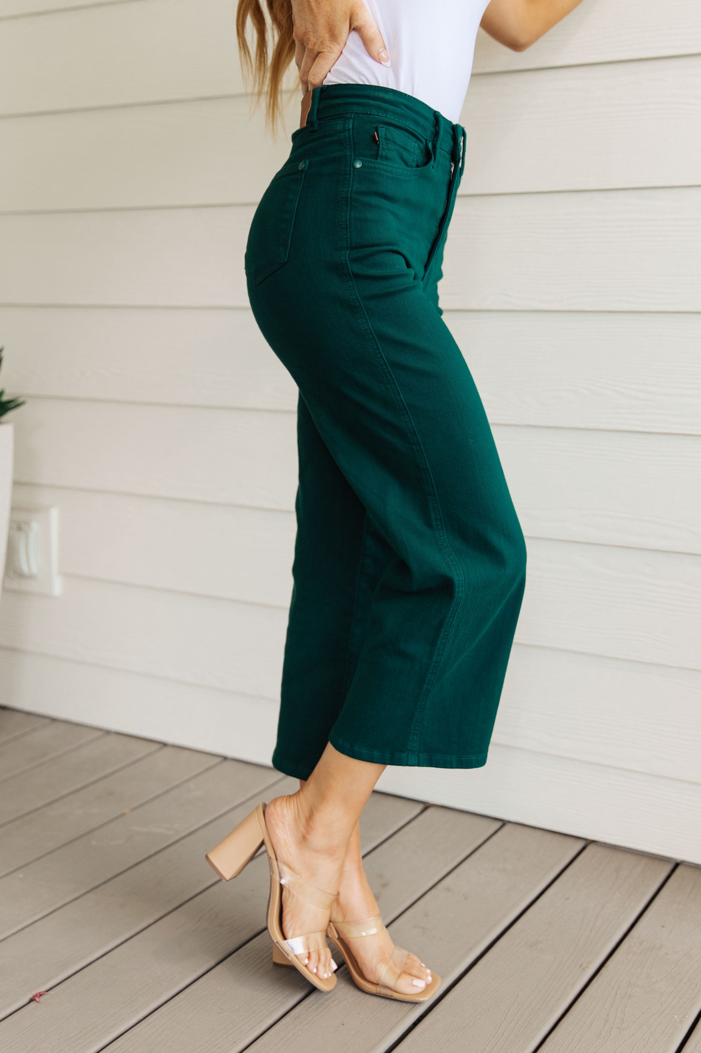 Briar High Rise Control Top Wide Leg Crop Jeans in Teal | Women's Fashion Stretch Denim Pants | Perfect for Casual Outfits & Streetwear Looks