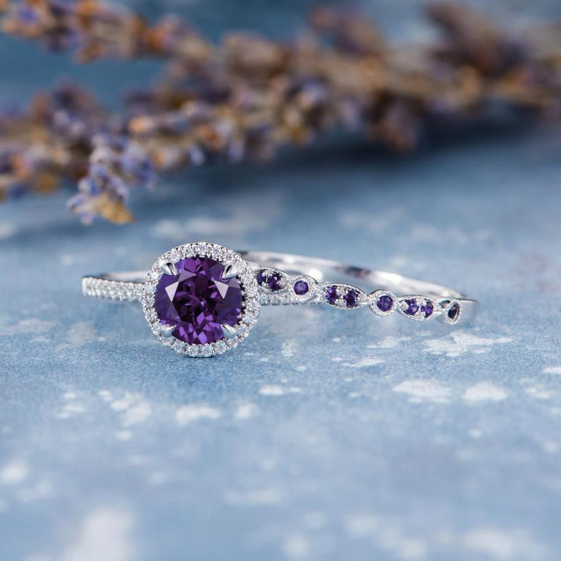Amethyst Engagement Ring & Wedding Band Set - 14K White Gold with Diamonds, February Birthstone Jewelry Gift for Women, Anniversary, Promise, Valentine's Day - Perfect for Proposals, Weddings & Special Occasions
