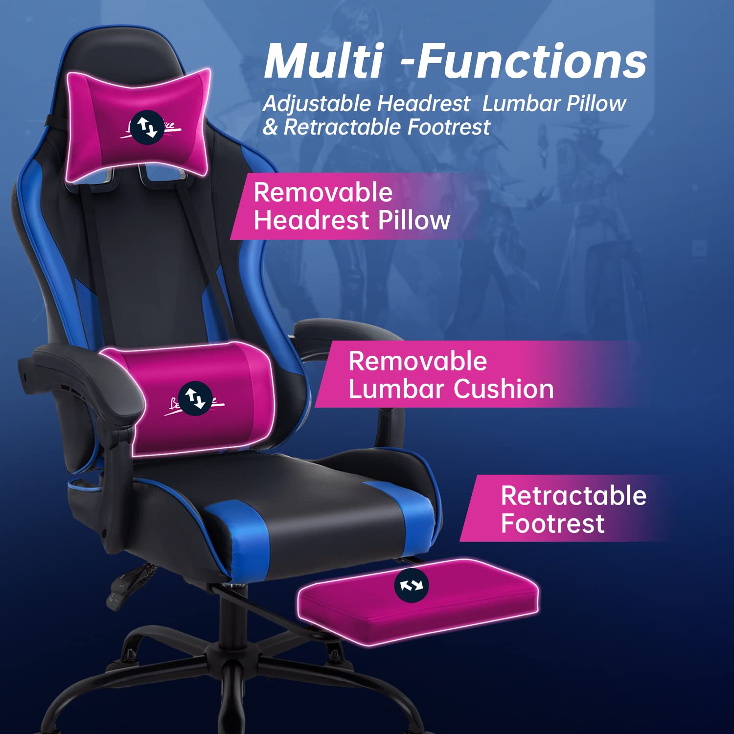 Ergonomic Gaming Chair with Adjustable Lumbar Support, Headrest & Footrest - Blue PC Gamer Chair for Office, Home & Esports - Comfortable Swivel Rolling Desk Chair for Long Gaming Sessions & Work from Home