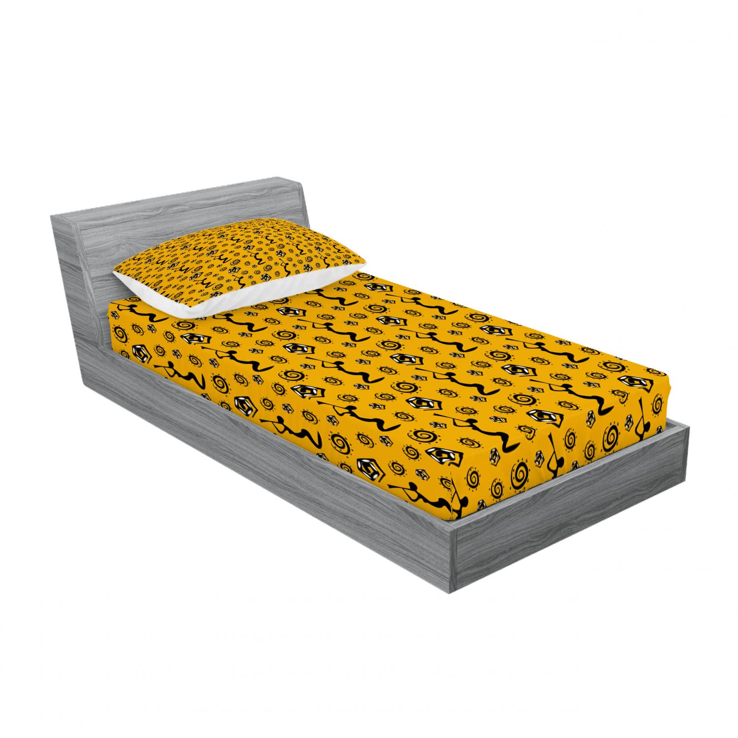Ambesonne 2-Pack Tribal Print Twin XL Fitted Sheet & Pillow Sham Set - Native American Inspired Yellow & Black Bedding (4-Piece) for Dorm Rooms, Guest Beds & Boho Decor