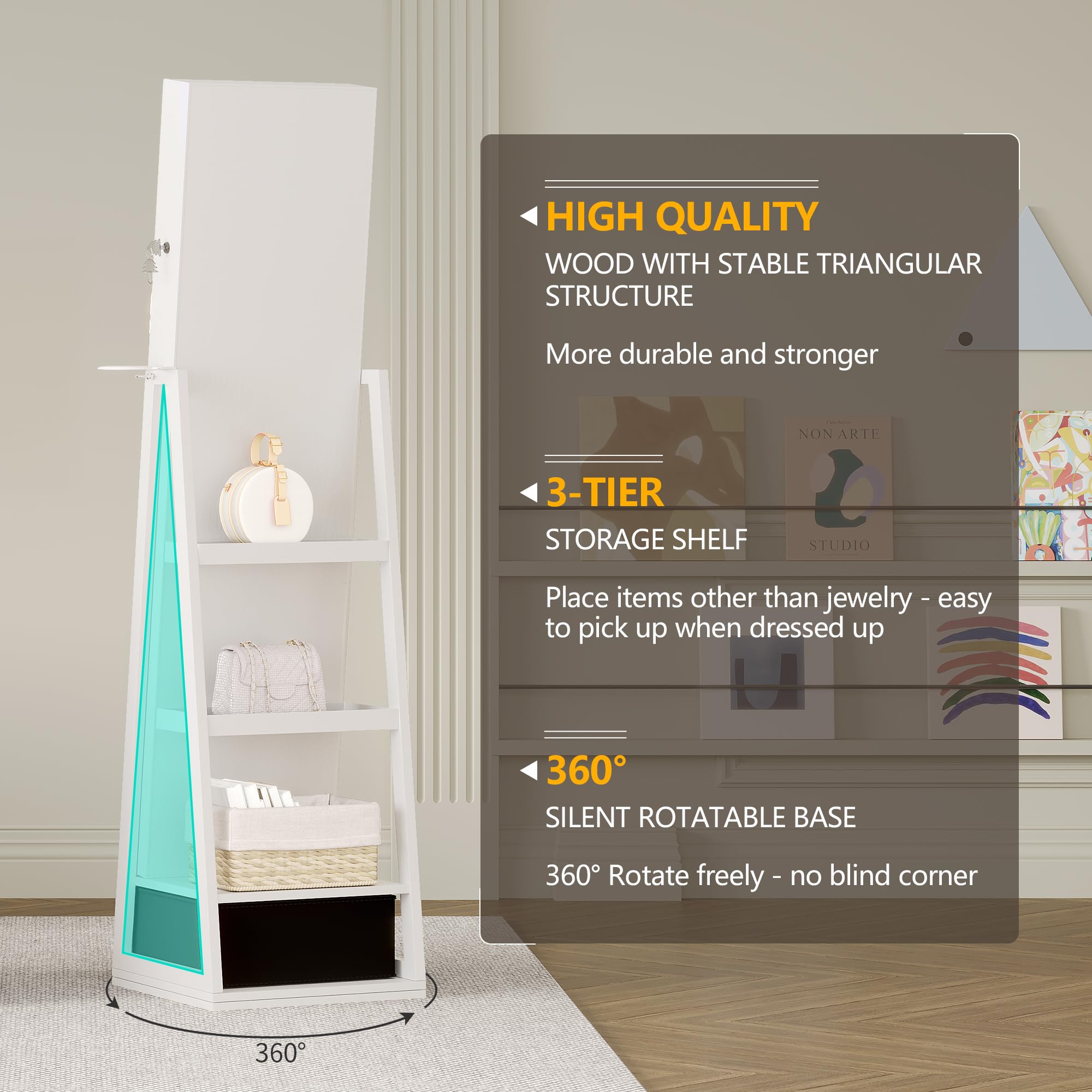 Full Length Mirror with Jewelry Armoire Storage - 360° Rotating Standing Jewelry Organizer Cabinet with LED Lights, Sliding Mirror & Large Capacity for Bedroom, Dressing Room, Closet (White) - Perfect for Organizing Necklaces, Rings & Accessories