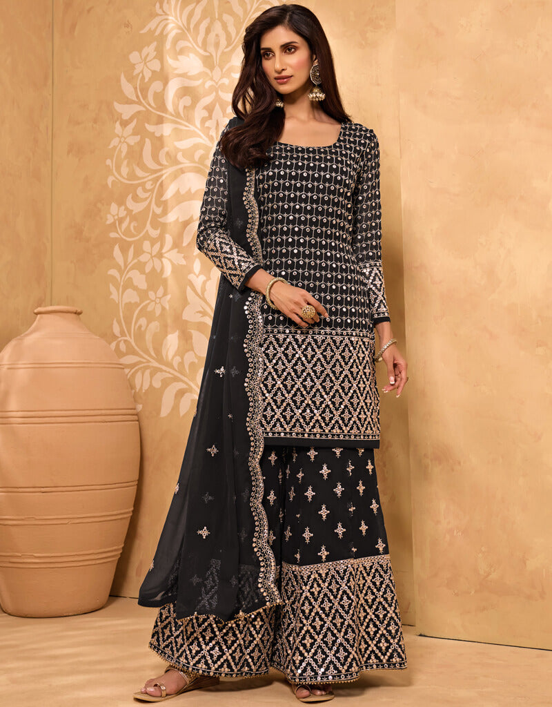 Elegant Black Palazzo Pants - Straight Cut Georgette Fabric for Women | Perfect for Office Wear, Evening Parties & Casual Outings