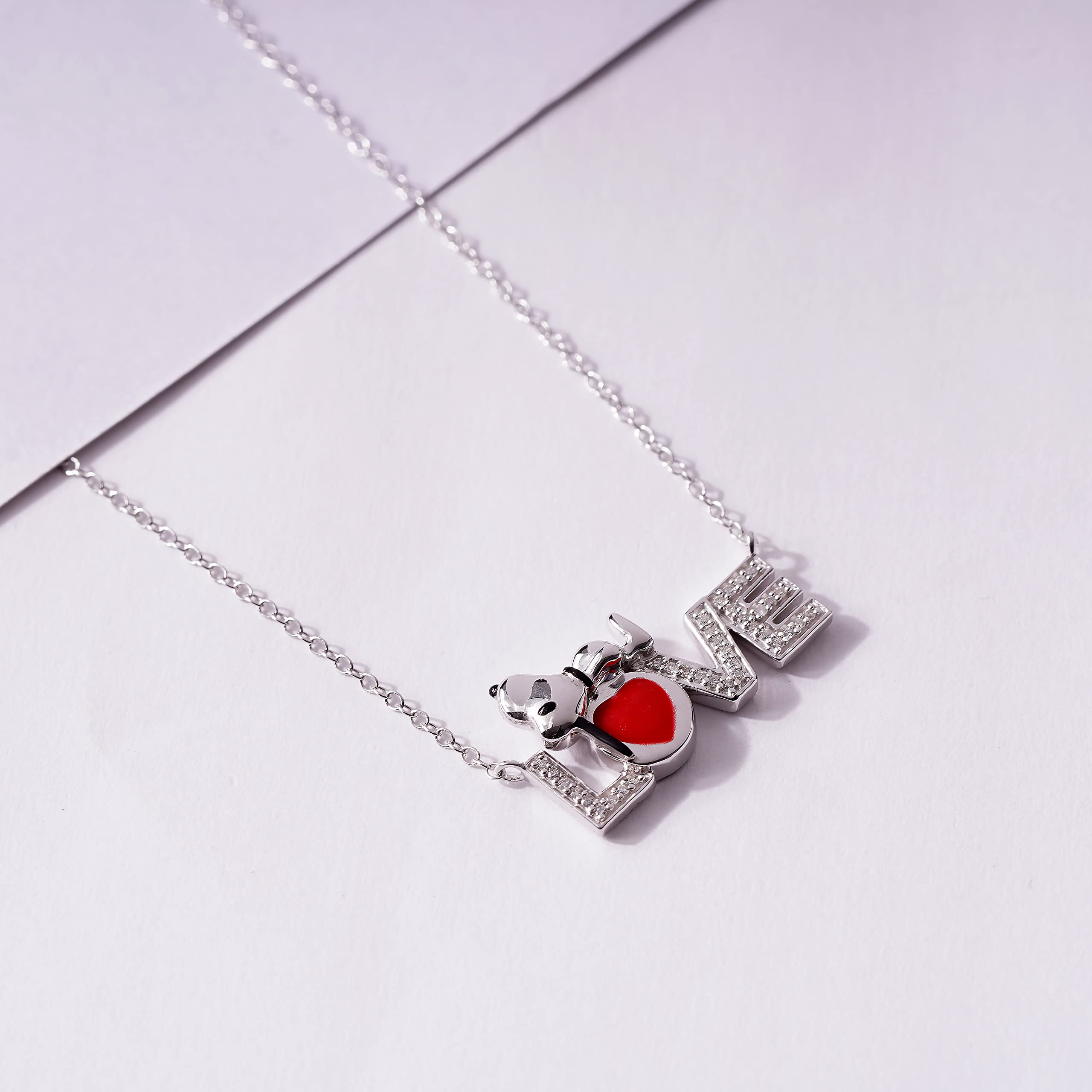 1/6 Carat Diamond Snoopy Sleeping Love Pendant Necklace in Sterling Silver with Red Enamel Heart - Romantic Gift for Women, Perfect for Valentine's Day, Anniversary & Birthday Jewelry Present