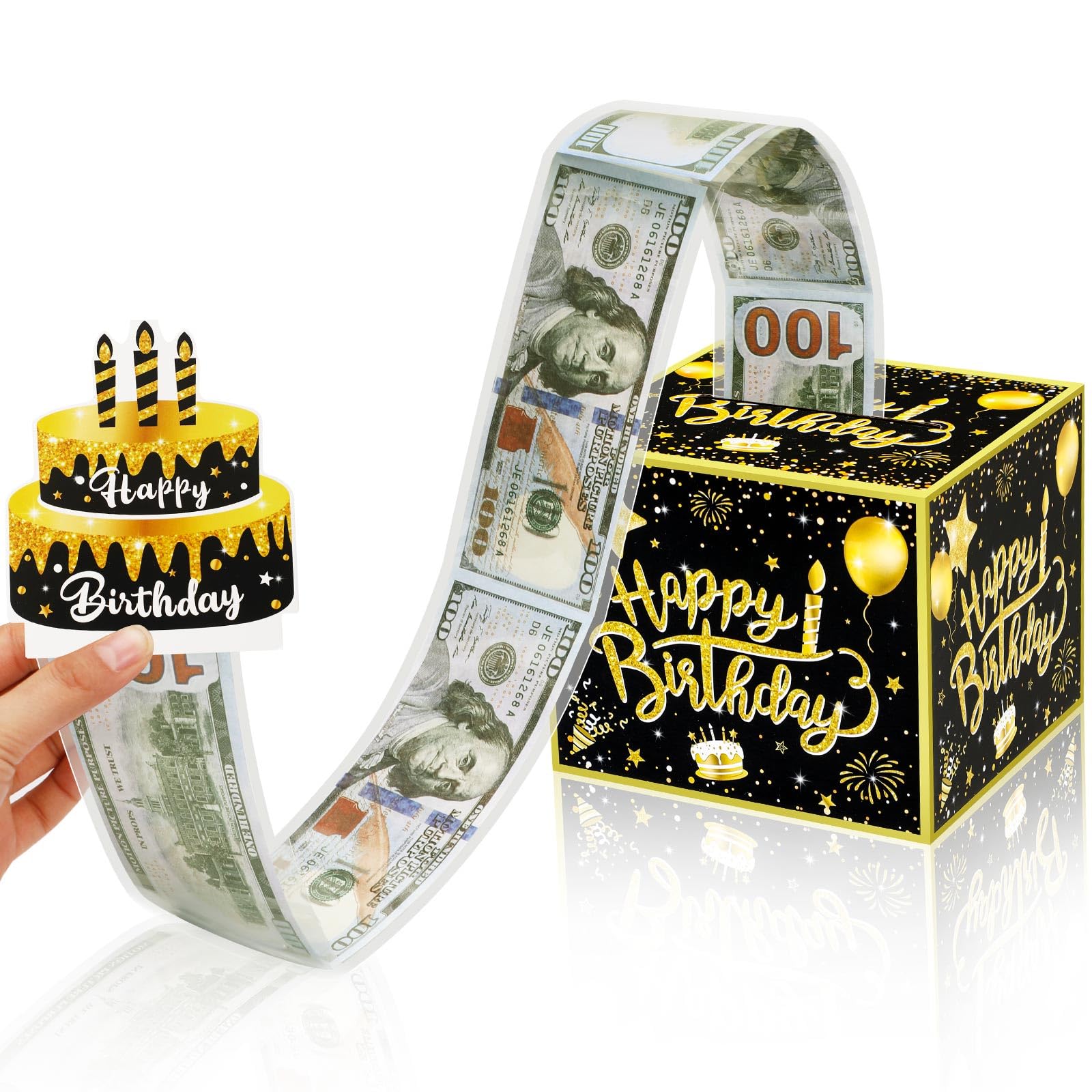 Black and Gold Birthday Money Pull Box with 60 Self-Adhesive Bags - Cash Gift Box for Parents, Lovers & Kids - Perfect for Birthday Parties, Graduations & Special Occasions