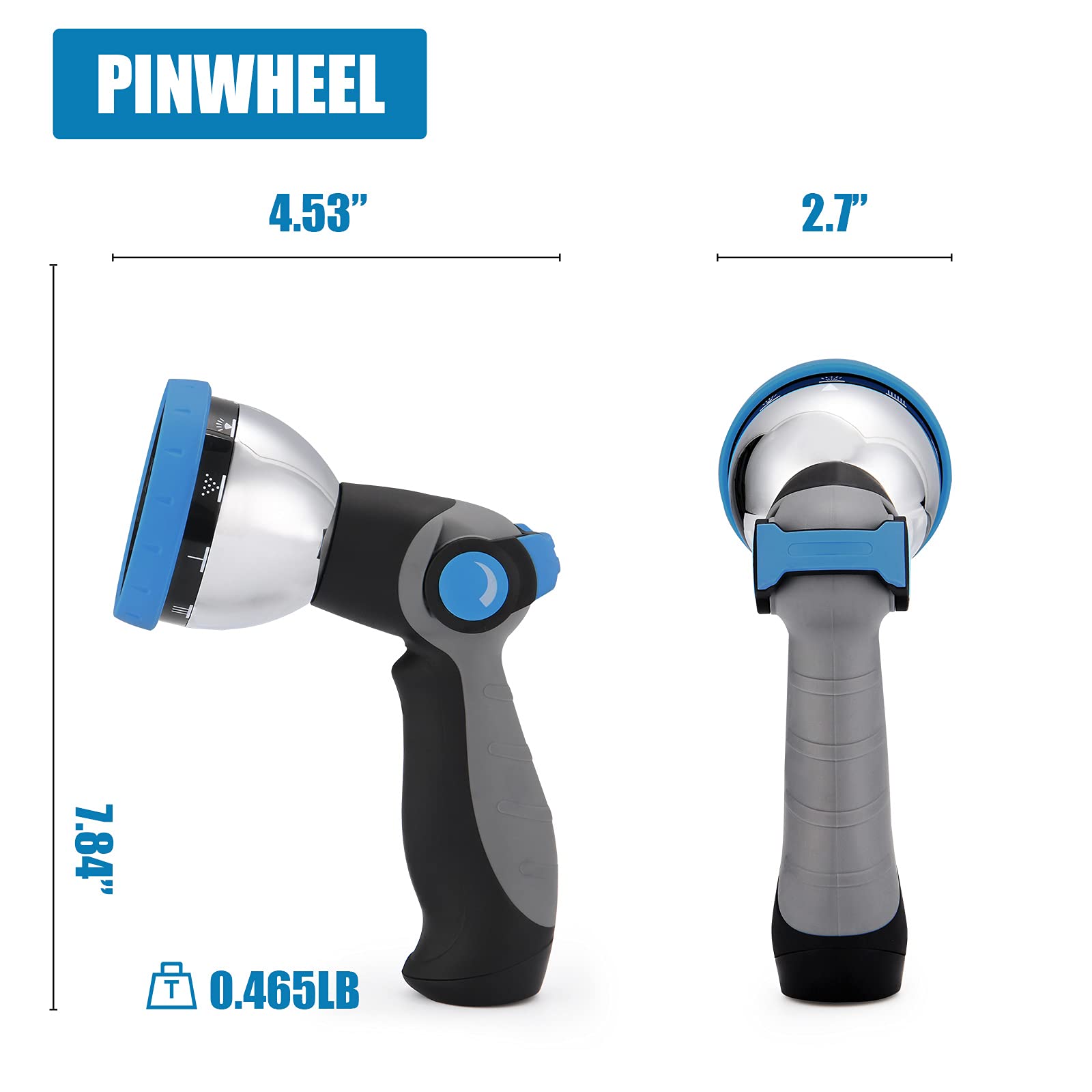 PinWheel Heavy Duty Thumb Control Garden Hose Nozzle - 9 Adjustable Spray Patterns, High Pressure Water Sprayer for Outdoor Plants, Car Washing & Lawn Care - Durable Metal Hose Nozzle for Gardening & Cleaning