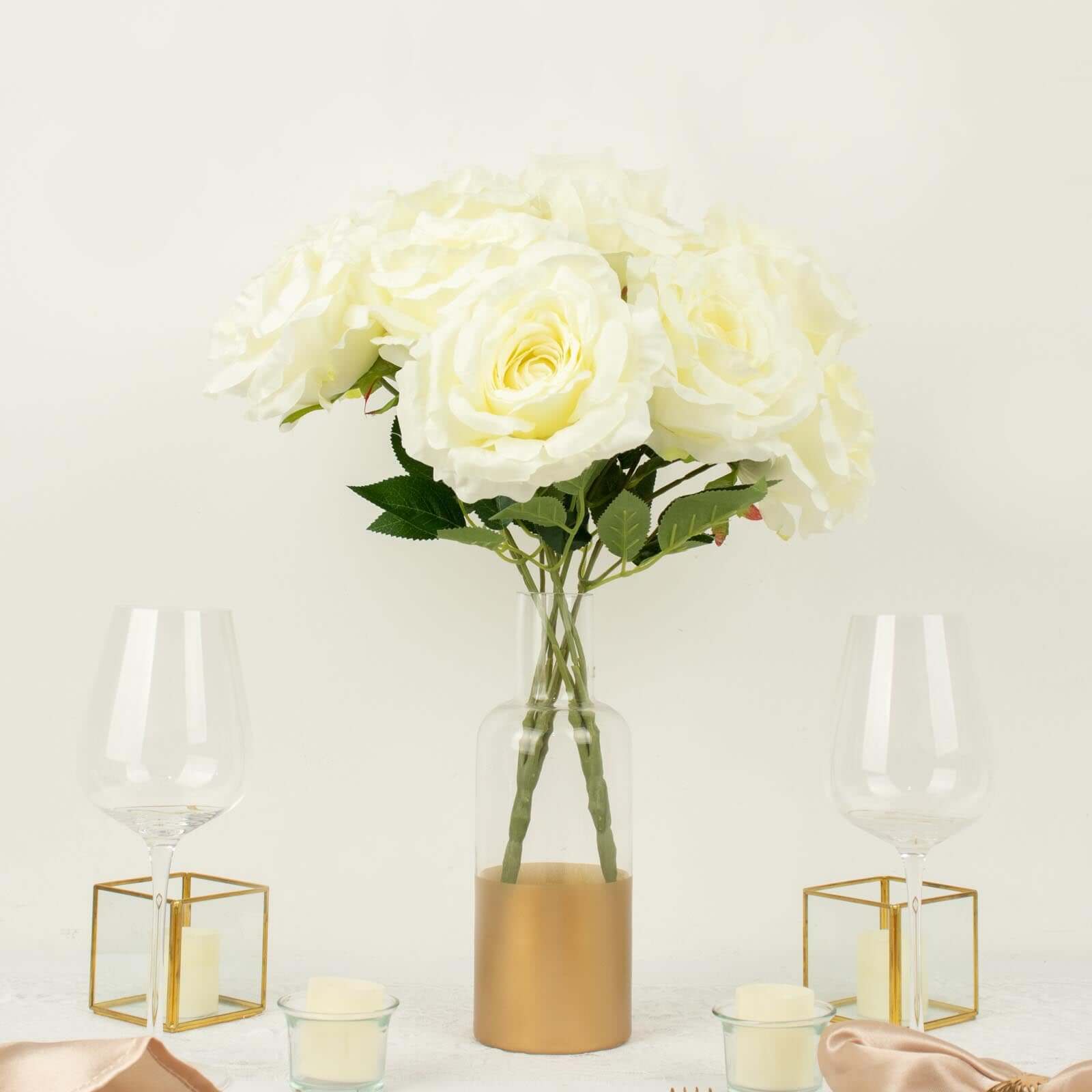 Premium 17 Ivory Silk Jumbo Rose Flower Bouquet - 2 Bushes Artificial Wedding Floral Arrangements for Bridal Bouquets, Centerpieces & Home Decor