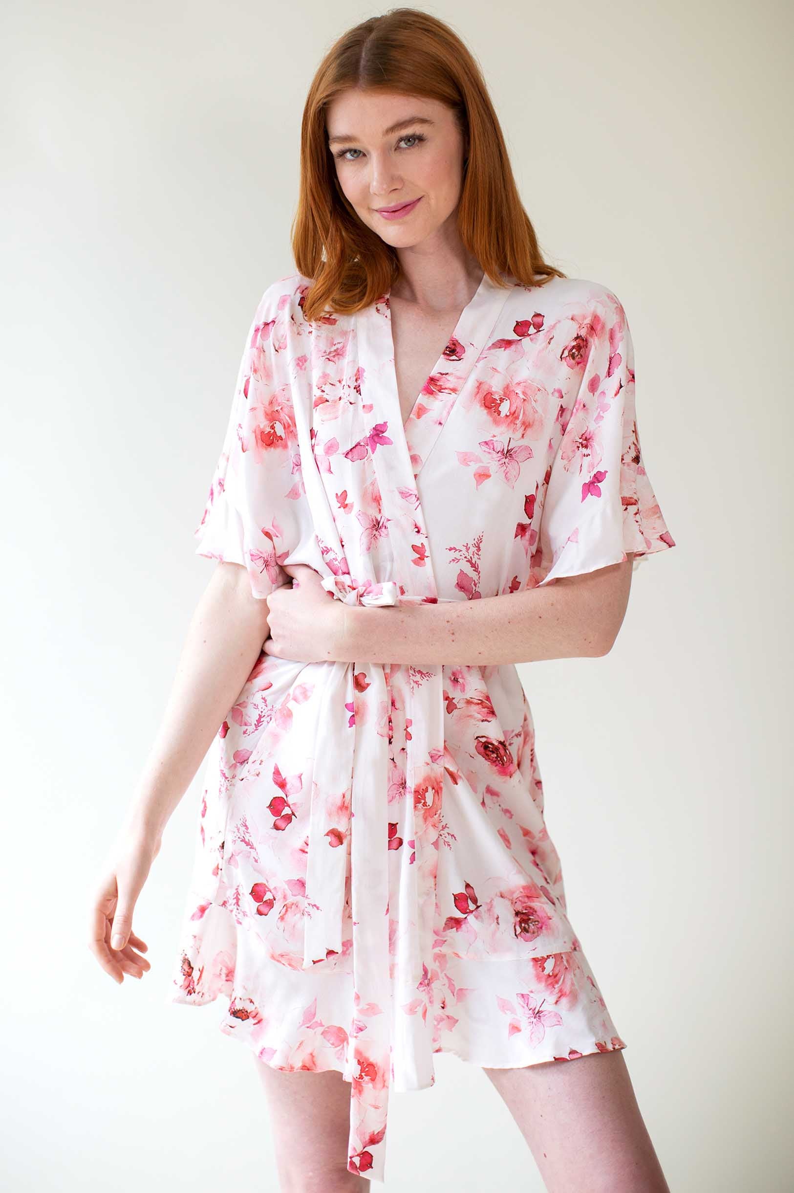 Botanical Love Flounce Robe in Pink Floral - Elegant Loungewear for Women, Perfect for Spa Days, Bridal Showers & Relaxing at Home