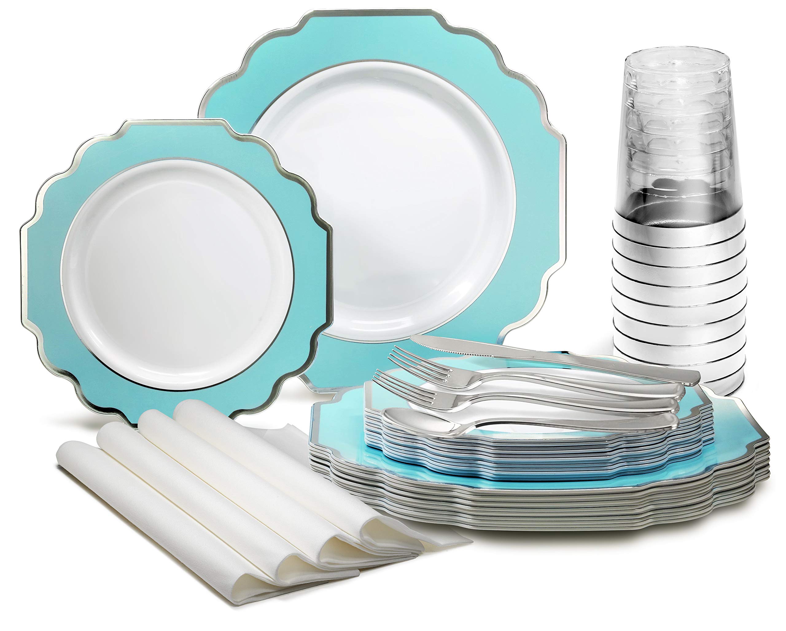 320-Piece Heavyweight Disposable Plastic Plate Set for Weddings & Parties - 40 x 10.5'' Dinner Plates, 40 x 8'' Dessert Plates, Silverware, Cups & Napkins (Imperial Aqua & Silver) - Perfect for 40 Guests, Bridal Showers, Baby Showers & Special Events