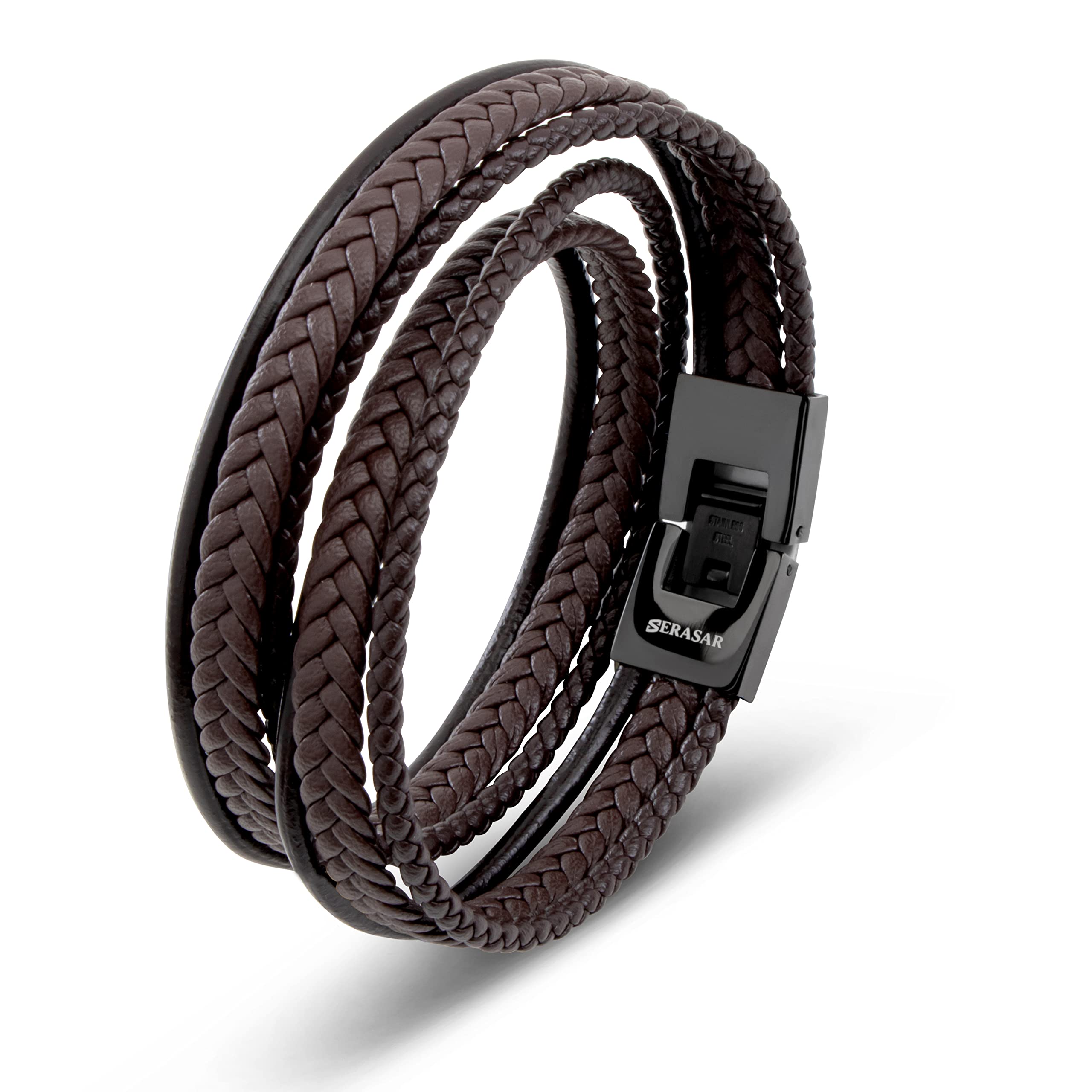 SERASAR Premium Leather Wrap Bracelet for Men - Adjustable Black & Brown Genuine Leather Wristband with Stainless Steel Clasp | Multiple Sizing Options | Jewelry Gift Box Included | Perfect for Casual Wear, Office & Special Occasions