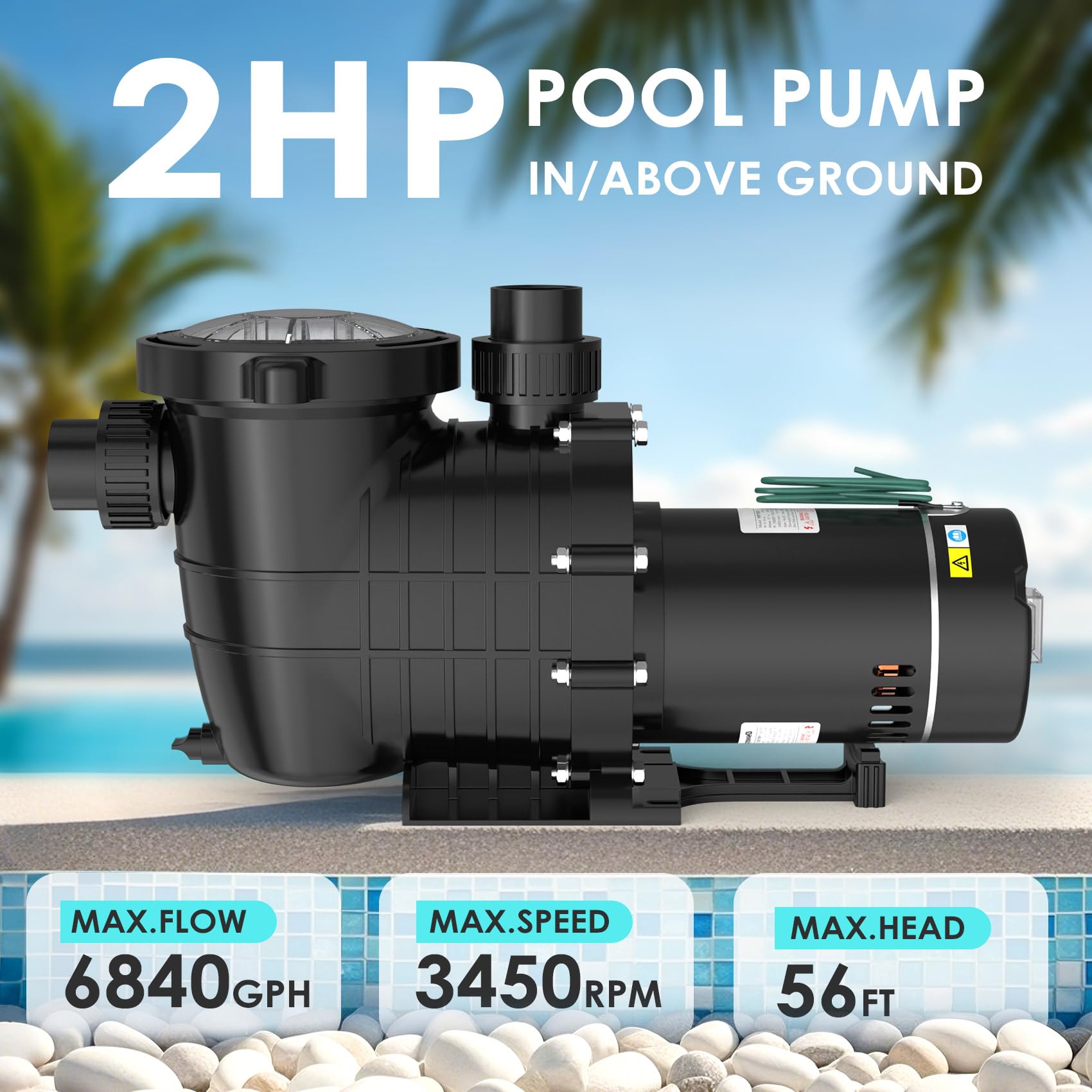 Seeutek 2.0 HP 6900 GPH Swimming Pool Pump - Self Priming for Above Ground & Inground Pools, Dual Voltage 110V/220V, 60Hz Silent Operation with Strainer Basket - Perfect for Backyard, Residential & Commercial Pool Maintenance