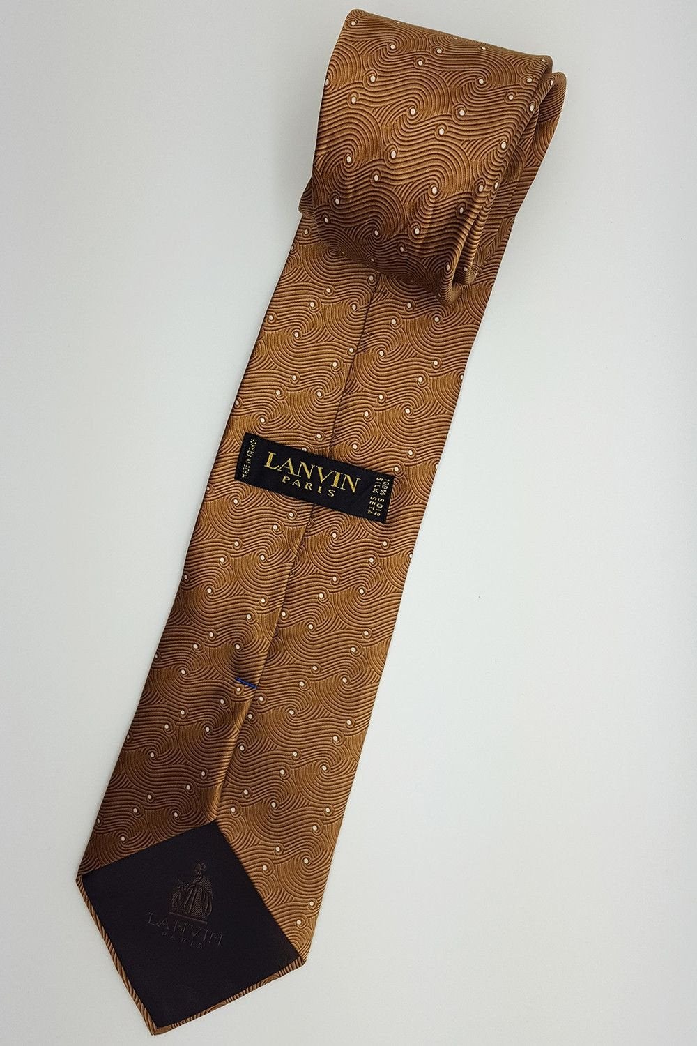 LANVIN 100% Silk Men's Necktie - Gold Swirls & White Dots Pattern, Classic 58