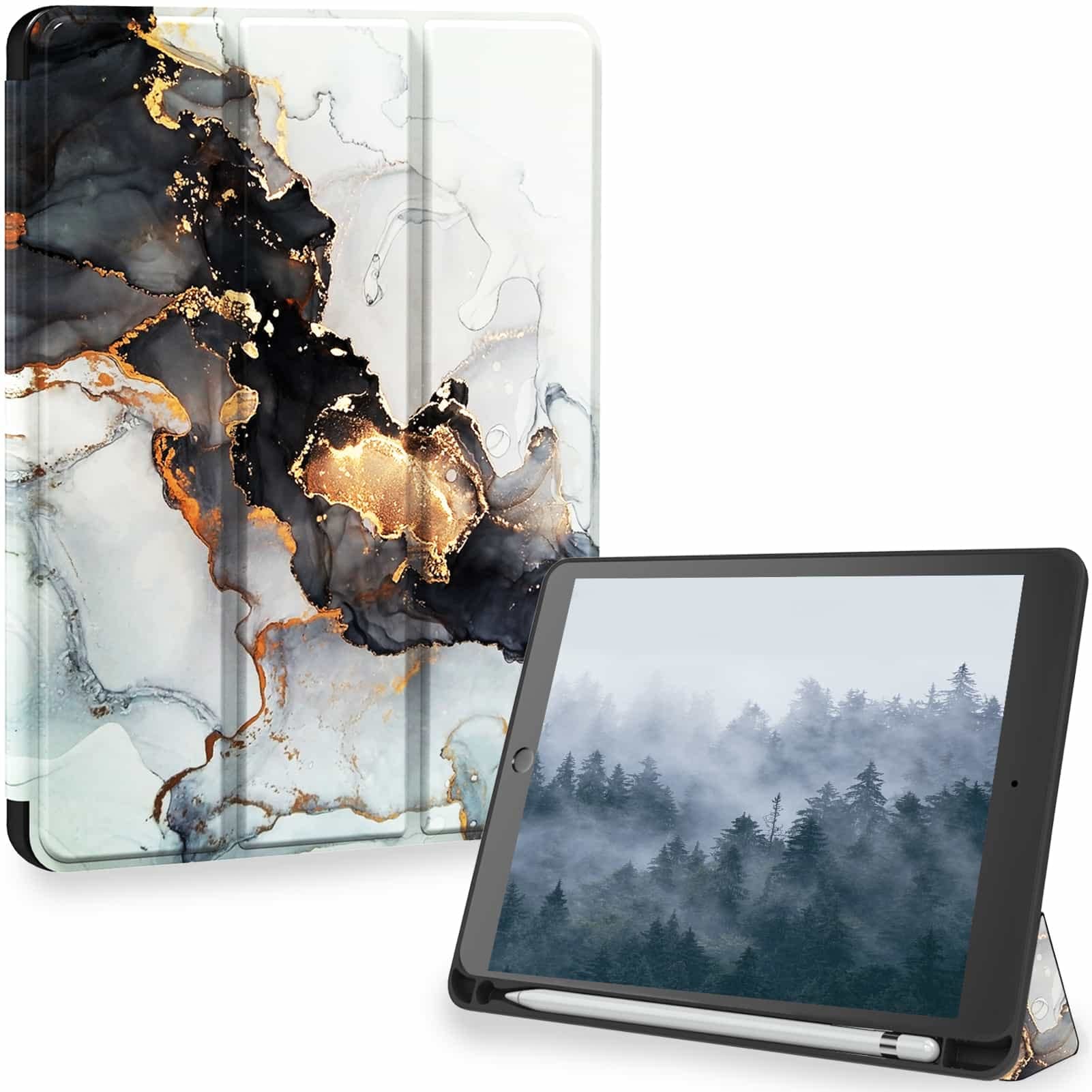 Slim Trifold PU Leather iPad 9.7 Case (5th/6th Gen & iPad Air 2) - Marble Design with Pencil Holder & Auto Sleep/Wake | Perfect for Work, School & Travel (Compatible with 2017/2018 iPad 9.7-inch Models)