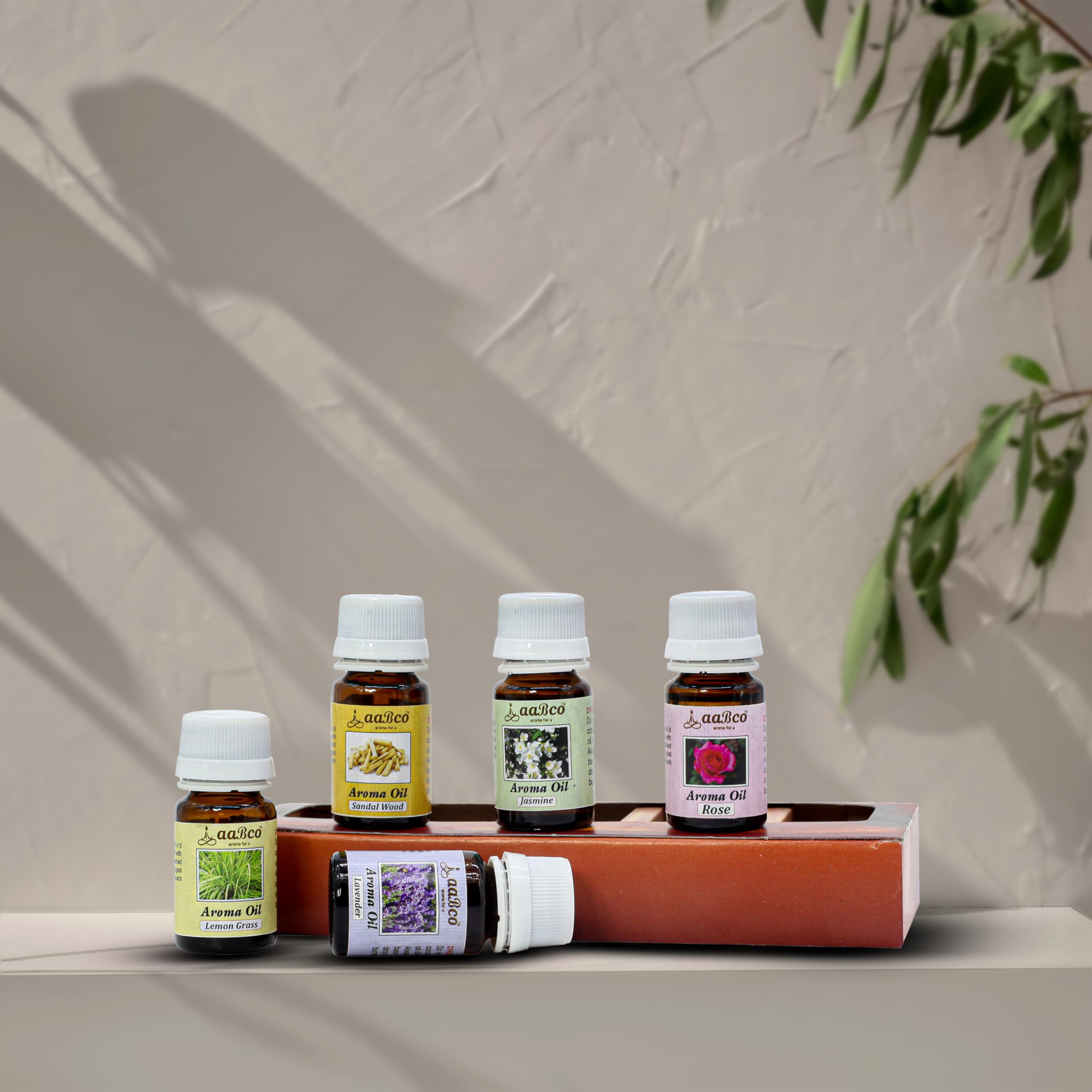 **AABCO Essential Oil Diffuser Set - 5 Pack (10ml Each) Lavender, Lemongrass, Jasmine, Rose & Sandalwood - Aromatherapy for Home, Office, Yoga & Spa - Relaxing & Calming Scented Oils**