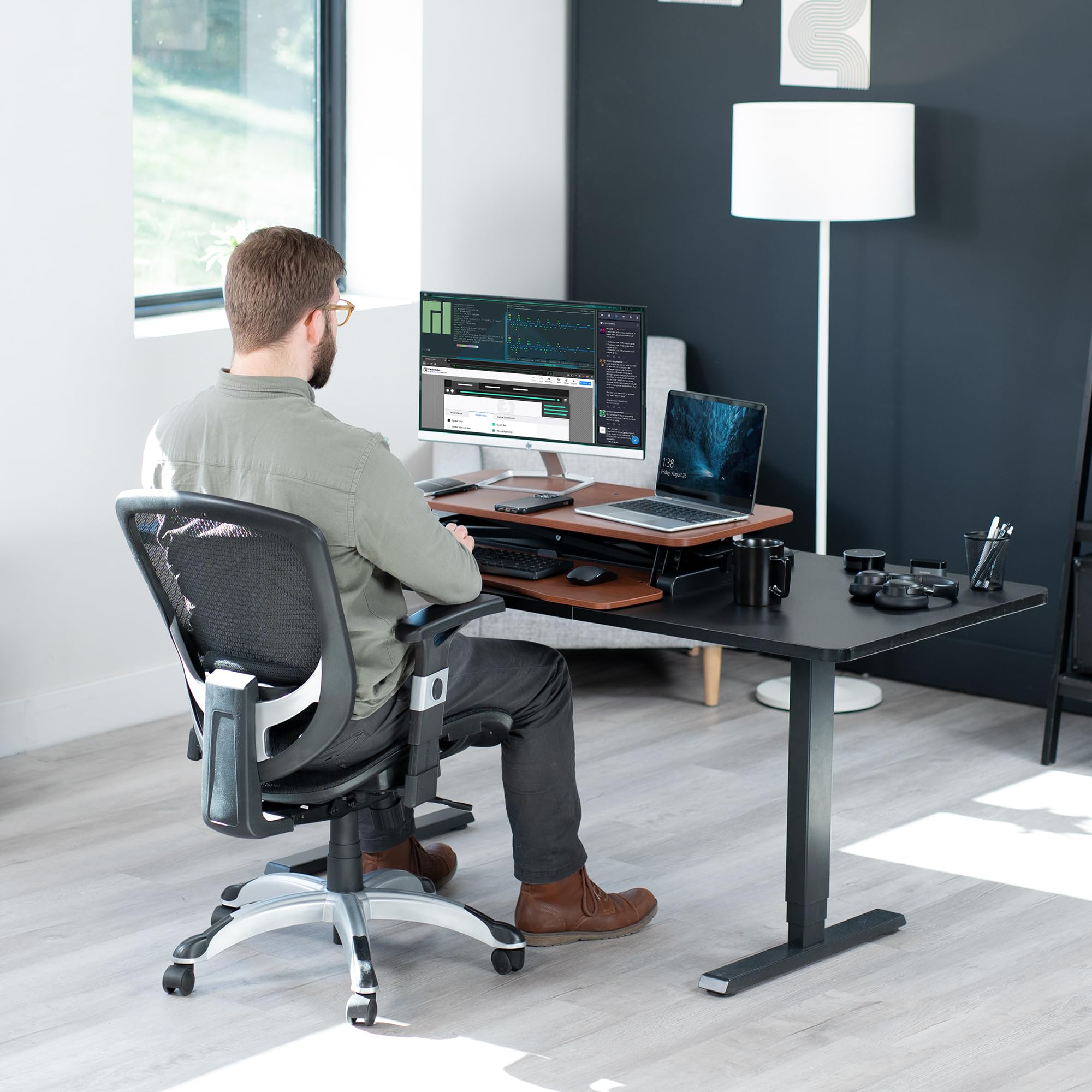 VIVO 32 Inch Height Adjustable Standing Desk Converter - K Series Sit Stand Riser with Wide Keyboard Tray, Dark Walnut Top & Black Frame - Dual Monitor & Laptop Workstation for Home Office & Gaming Setup