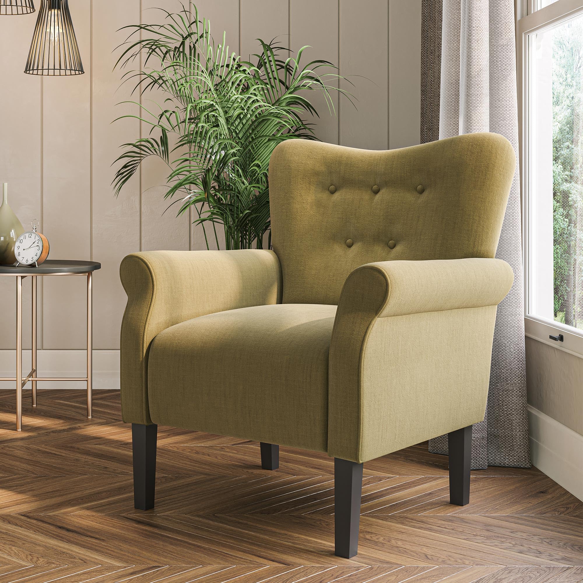 BELLEZE Modern Accent Chair with High Back & Wooden Legs - Upholstered Wingback Armchair for Living Room, Bedroom, Office - Comfortable Padded Club Chair with Armrests - Allston (Avocado Green) - Perfect for Reading Nooks, Lounge Areas & Home Decor