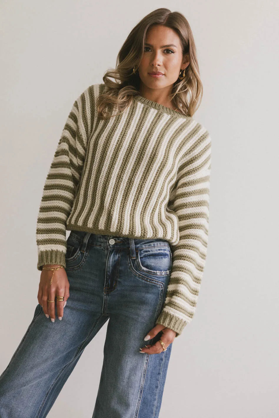 Baila Striped Sweater in Moss Green | Women's Casual Knit Pullover | Cozy Fall & Winter Fashion | Perfect for Office, Dates & Weekend Outings