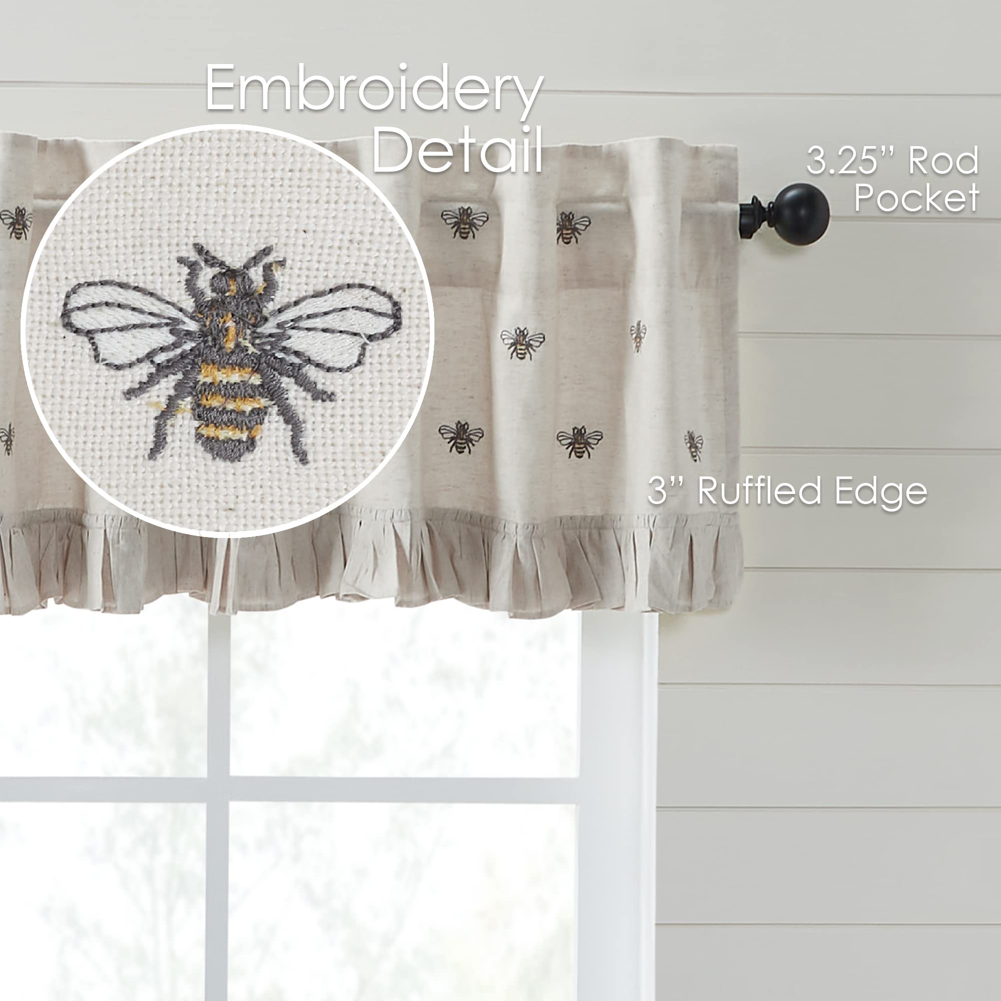 VHC Brands Embroidered Bee Farmhouse Window Valance Curtain - Ruffled Creme Yellow Grey 16x60 - Perfect for Kitchen, Living Room & Bedroom Decor