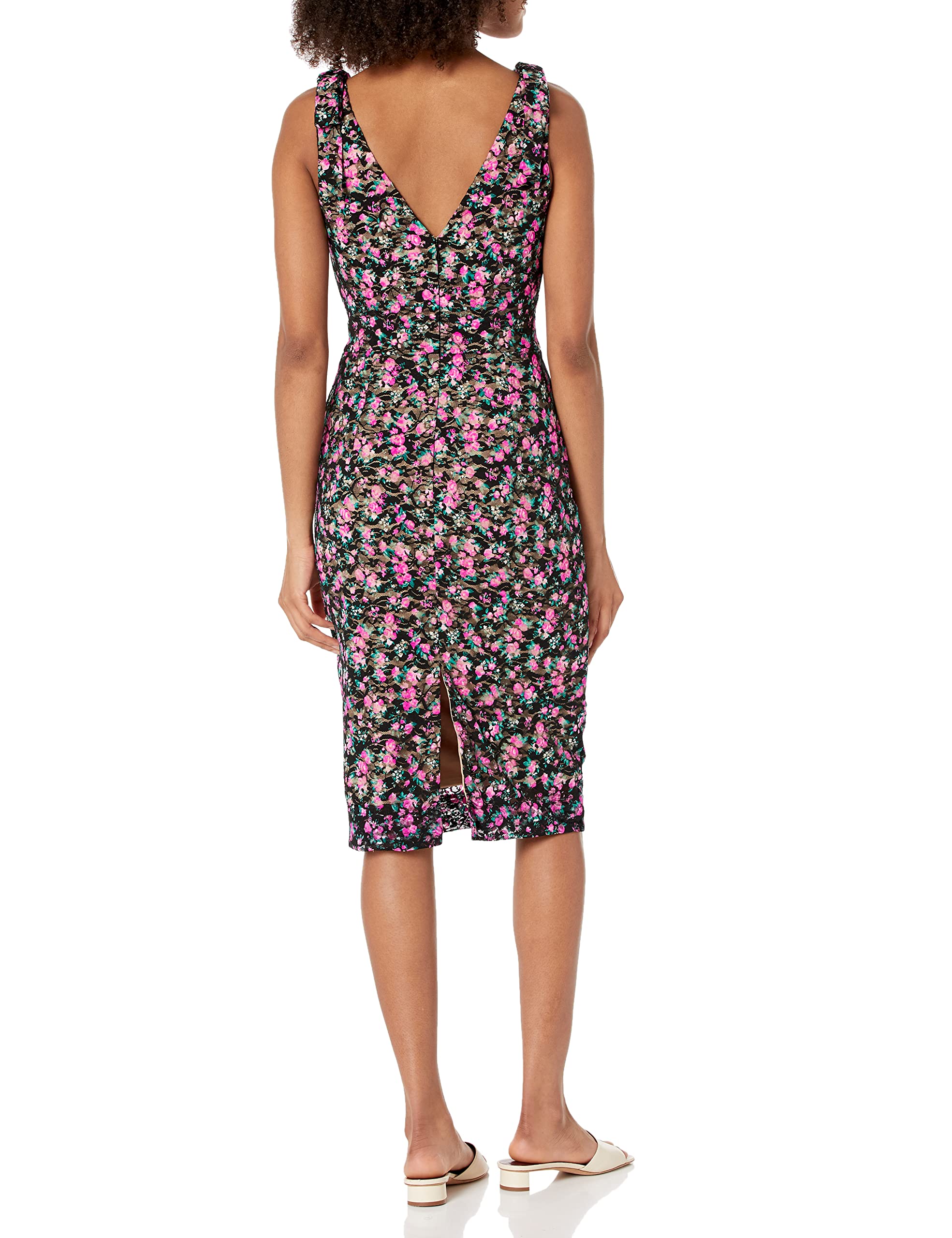 Dress the Population Women's Mary Shoulder Bow Tie Plunge Neckline Bodycon Midi Dress - Elegant Cocktail Party & Evening Gown for Special Occasions