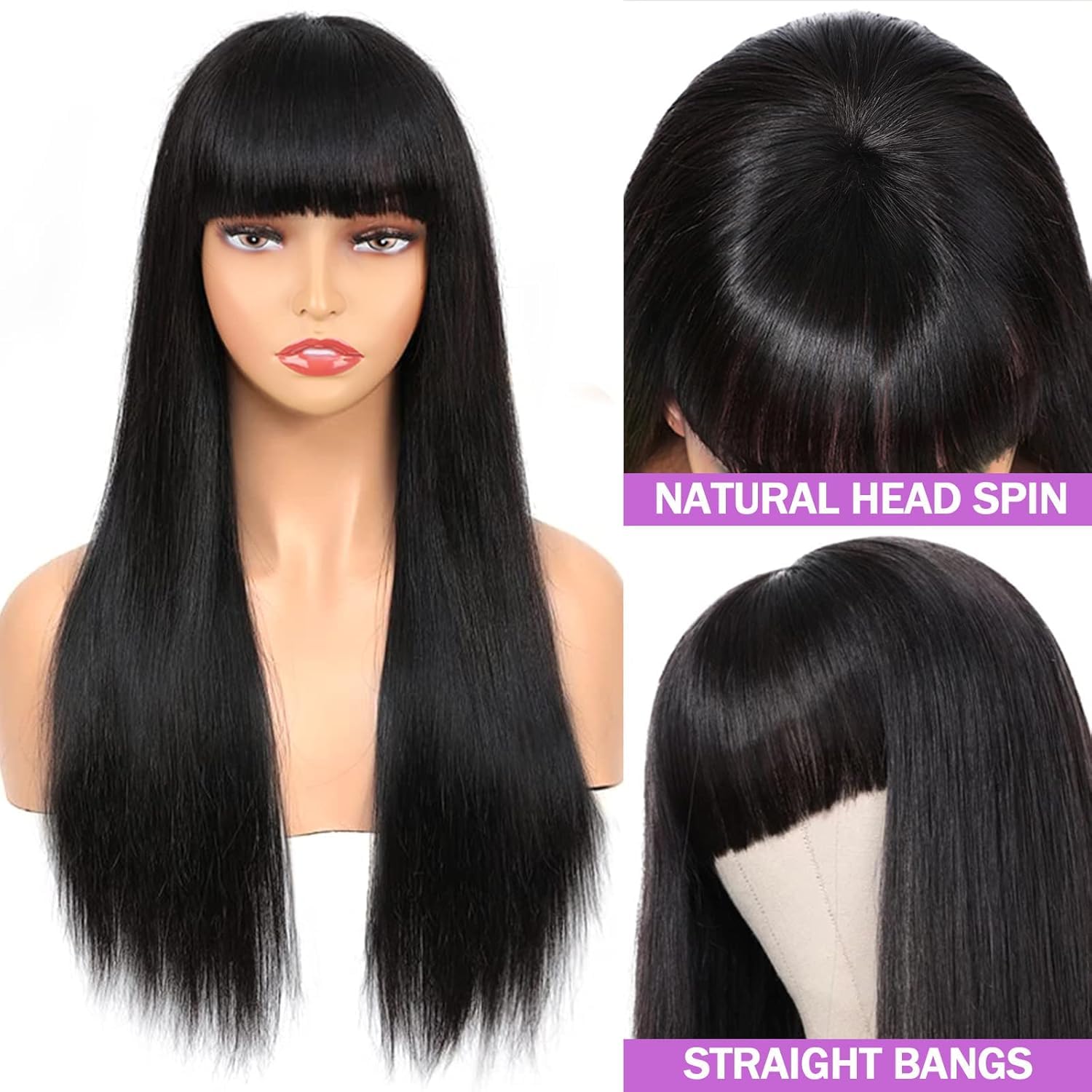 Lzlefho 20-Inch Straight Brazilian Virgin Human Hair Wig with Bangs - 180% Density Glueless Machine Made Wig for Women, No Lace Front, Natural Black | Perfect for Daily Wear, Cosplay & Special Occasions